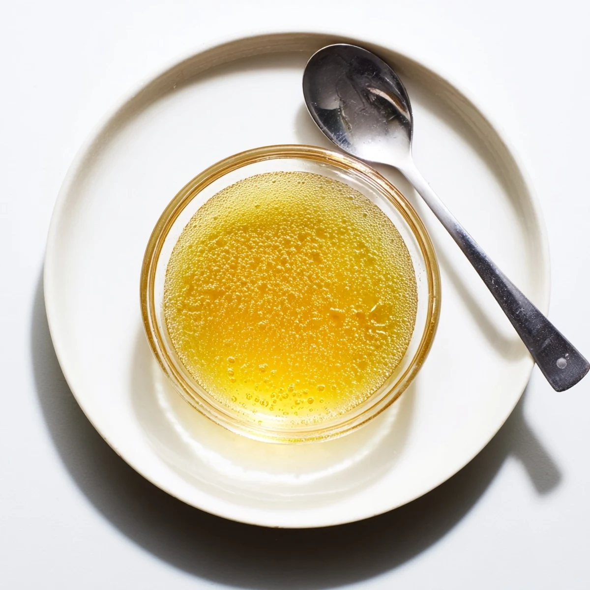 Golden honey lemon vinaigrette drizzled over fresh mixed greens in a white bowl