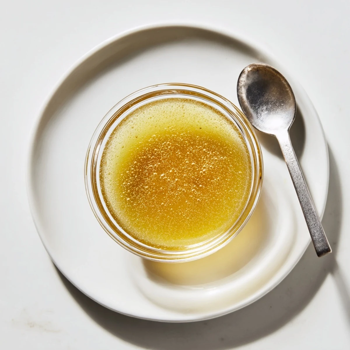 Homemade honey lemon vinaigrette poured from a glass jar onto vibrant summer salad ingredients