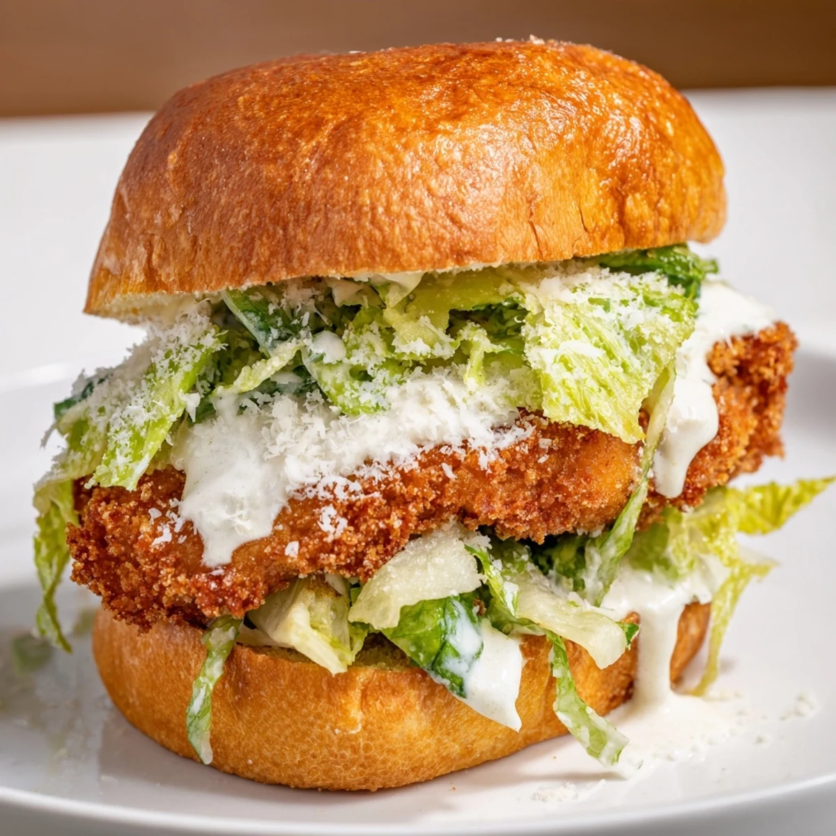 Crispy Chicken Caesar Sandwich stacked high with crunchy panko chicken, cool lettuce, and shaved Parmesan on warm toasted bread