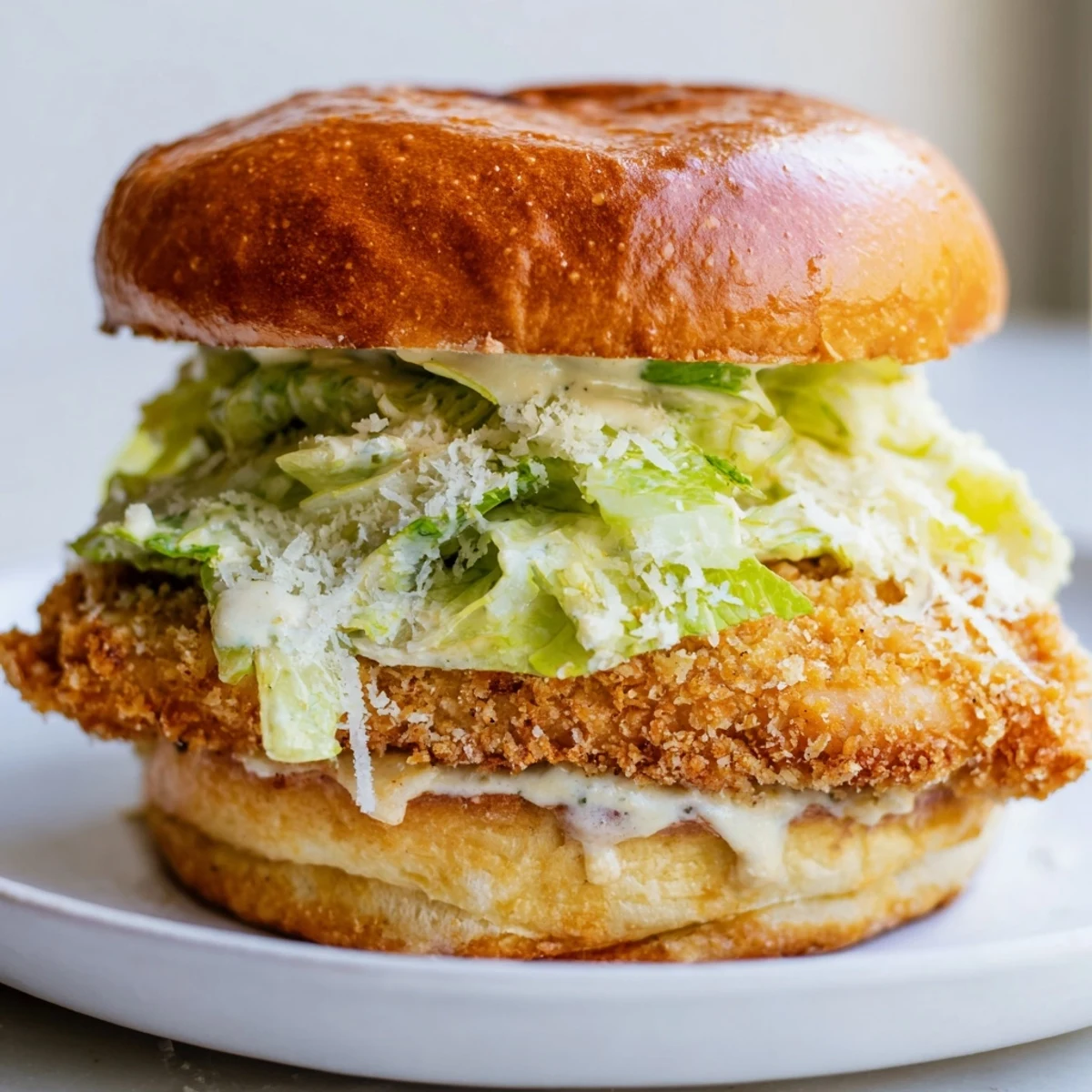 Golden crispy chicken breast nestled in a toasted brioche bun with fresh romaine lettuce and tangy Caesar dressing