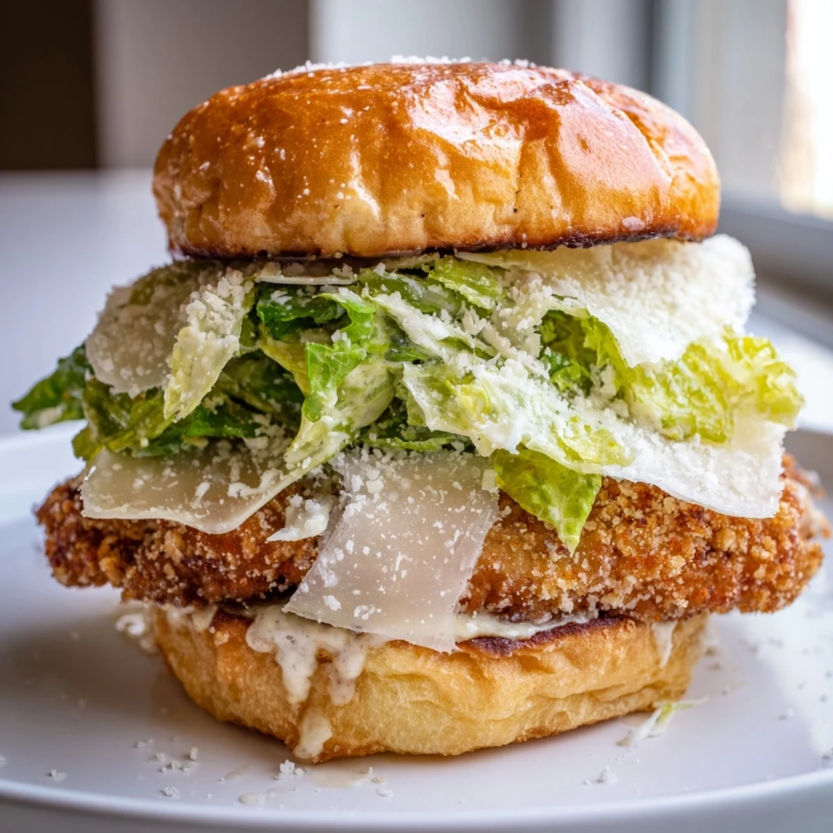 Mouthwatering Chicken Caesar Sandwich featuring golden fried chicken fillet topped with creamy Caesar dressing and crisp lettuce on a bun