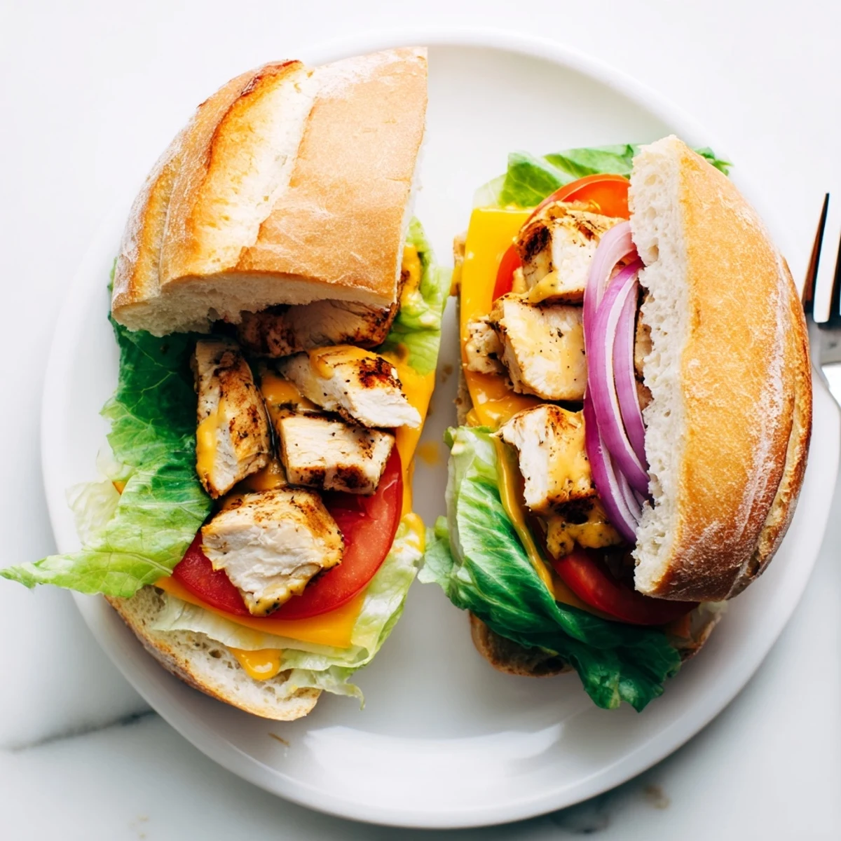 Golden grilled chicken breast topped with melted cheddar cheese on toasted ciabatta bun