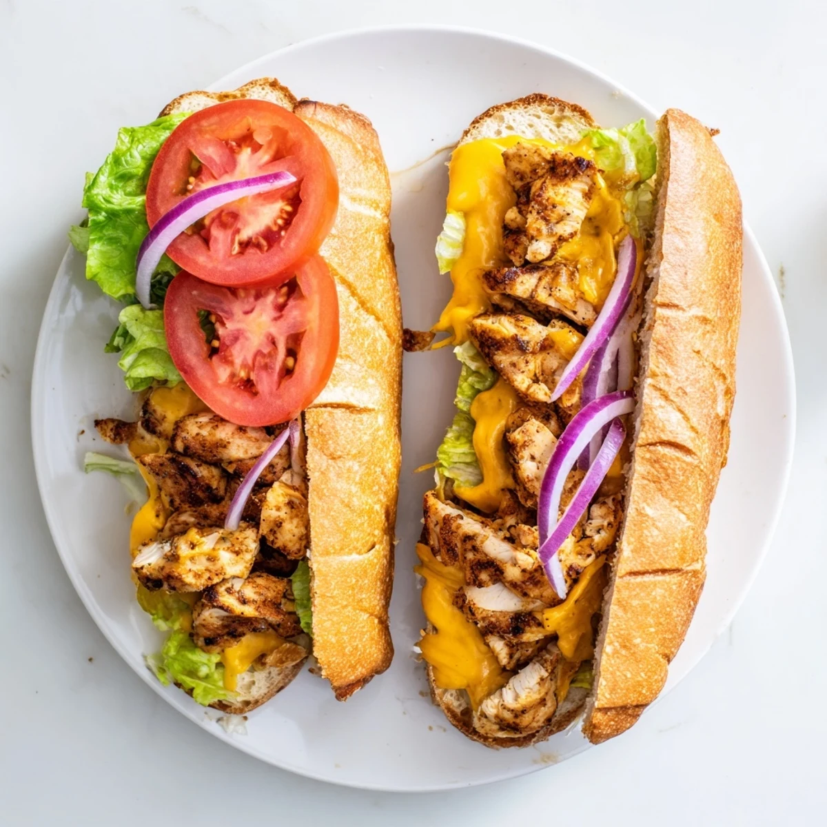 Layered cheesy grilled chicken sandwich with crisp lettuce tomato and red onion on bread