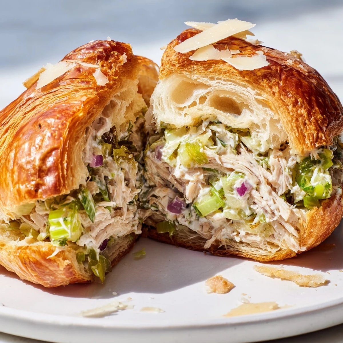 Golden croissant split open revealing creamy chicken Caesar salad with crisp romaine lettuce