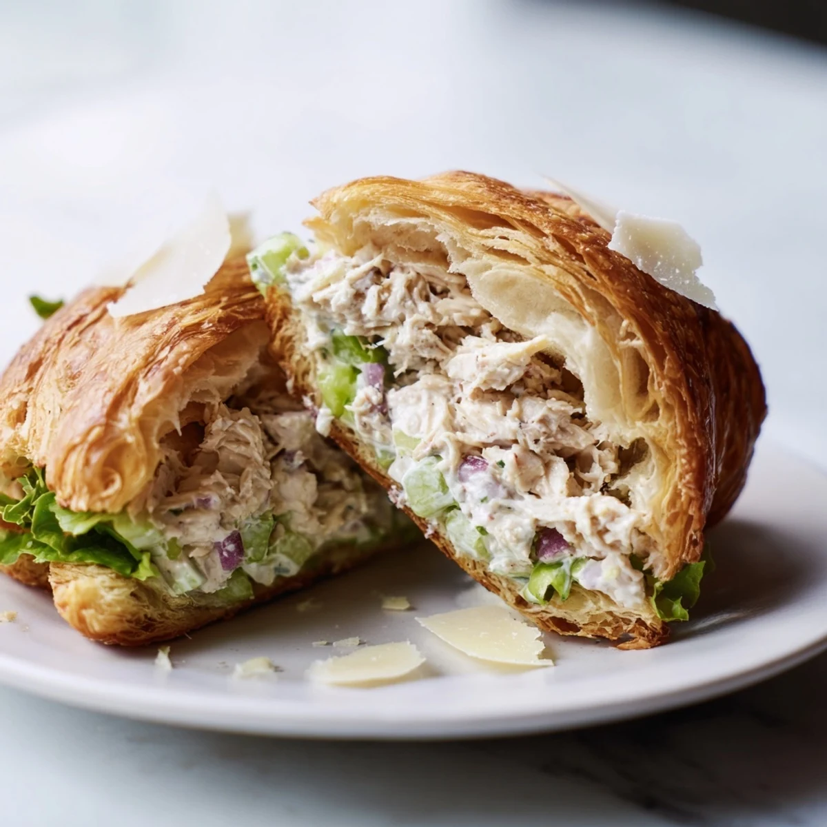 Flaky buttery croissant stuffed with Caesar dressed chicken and fresh Parmesan cheese shavings