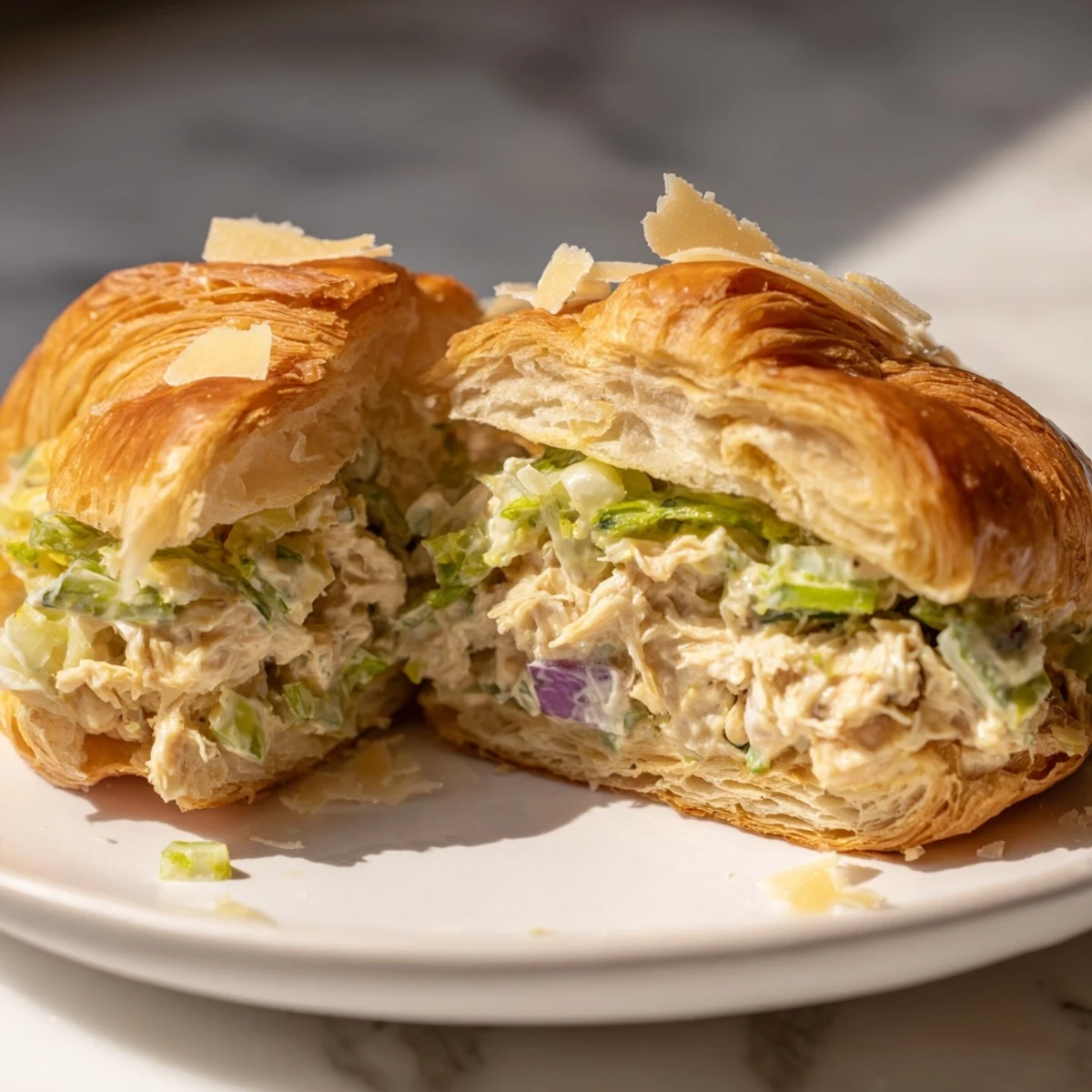 Halved croissant sandwich layered with seasoned chicken salad and crunchy chopped romaine leaves