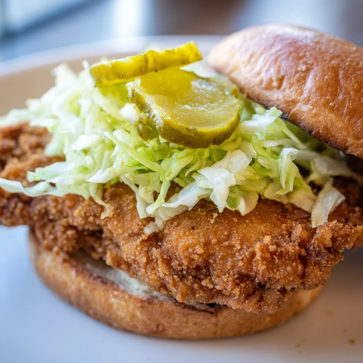 Golden crispy dill chicken sandwich stacked with pickles and creamy mayo on toasted brioche bun