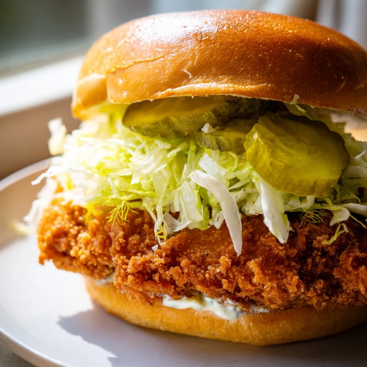 Handheld crispy dill chicken sandwich featuring lettuce, pickles, and dill sauce on a soft bun