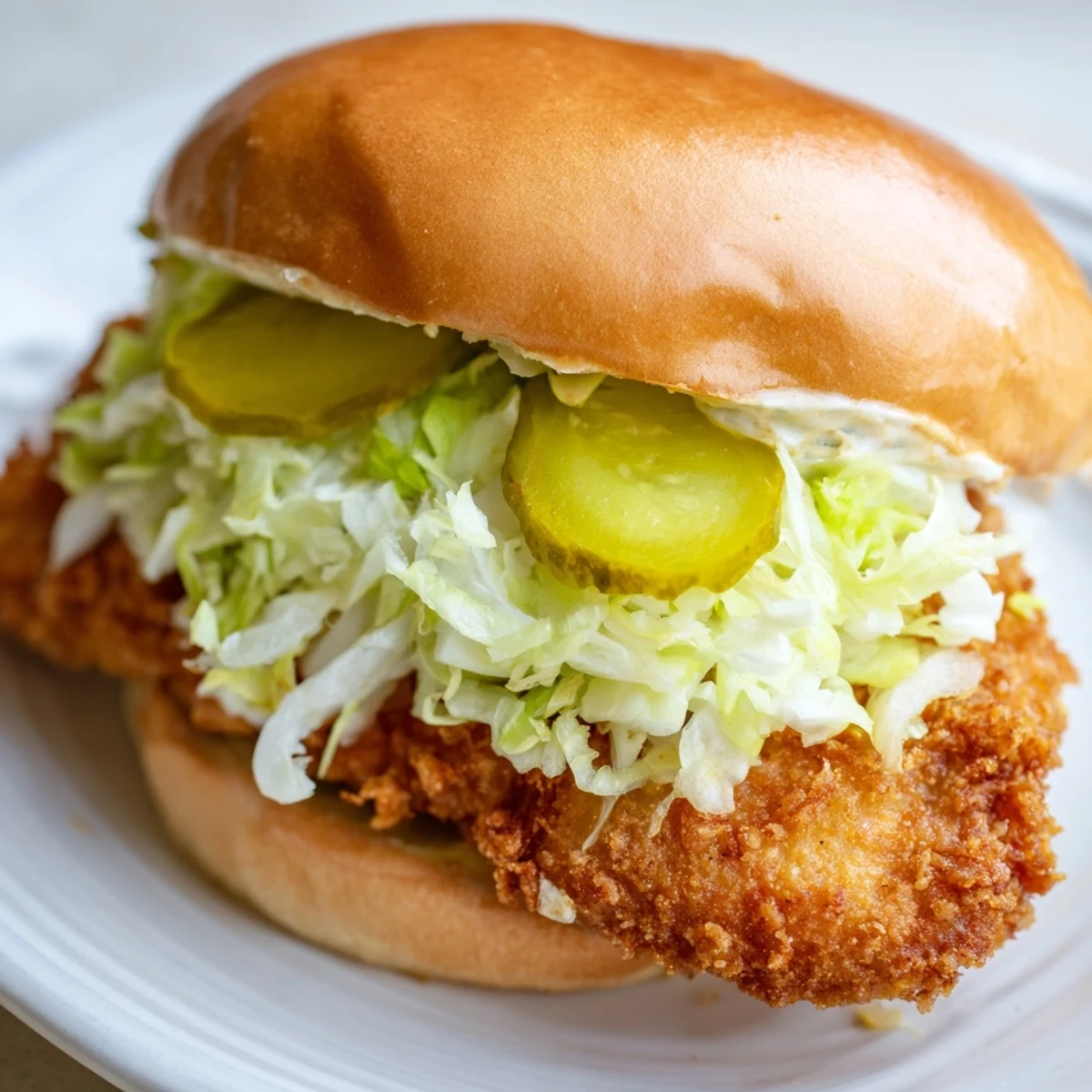 Close-up of crispy dill chicken sandwich with crunchy fried fillet and tangy pickles on brioche
