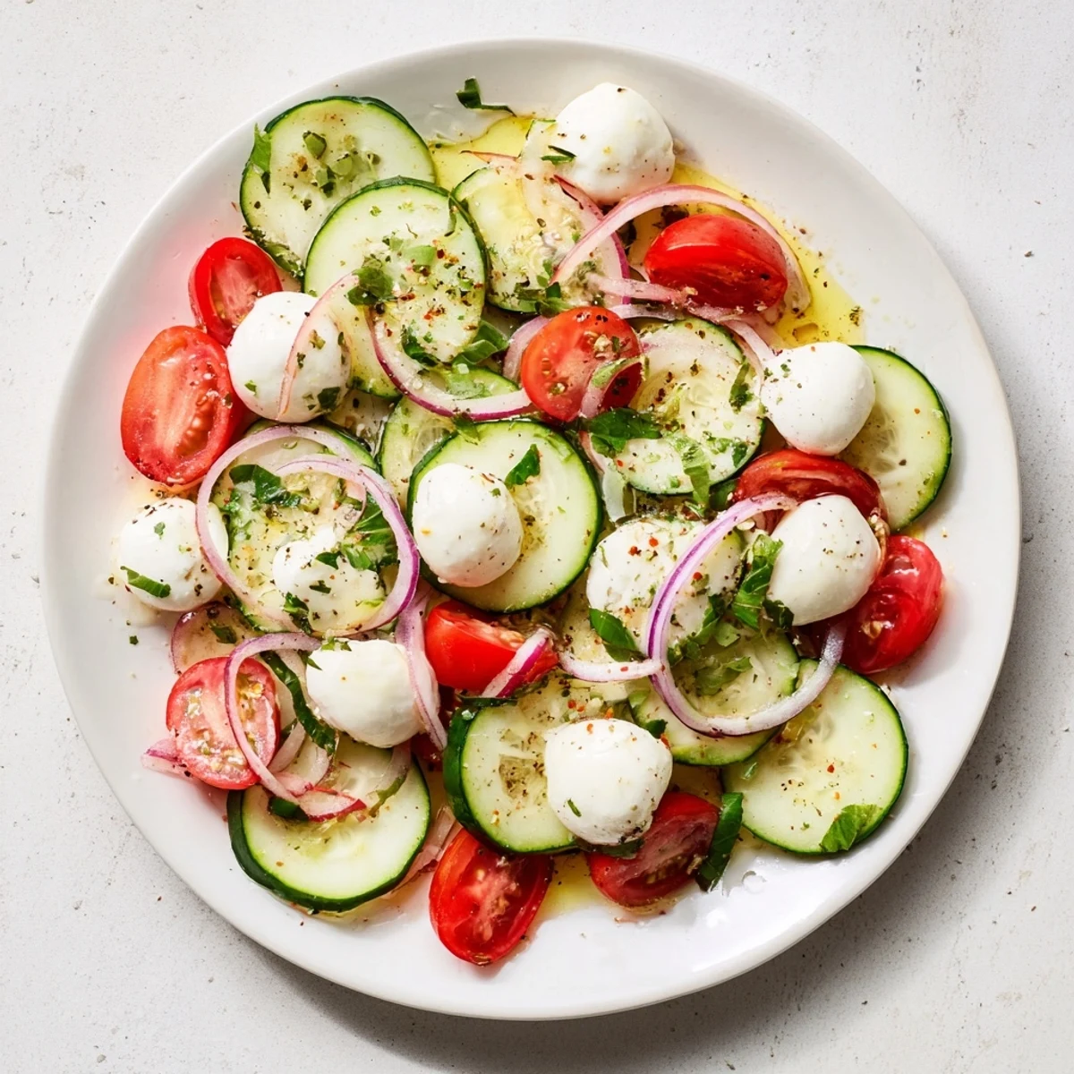 Fresh cucumber mozzarella salad with crisp vegetables, creamy cheese, and zesty herb dressing in a white bowl.