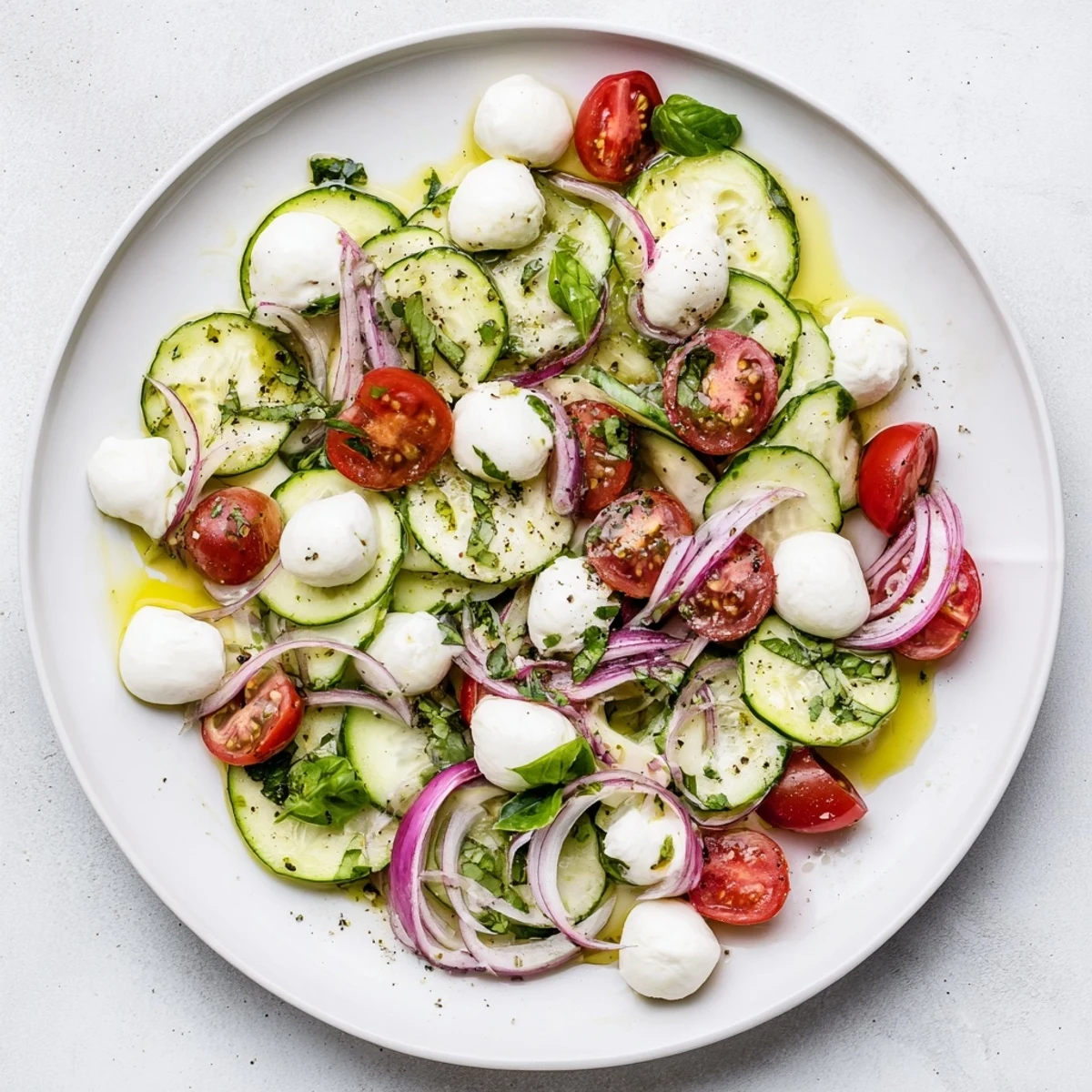 Vibrant cucumber mozzarella salad featuring cherry tomatoes and fresh basil drizzled with olive oil dressing on a rustic wooden board.