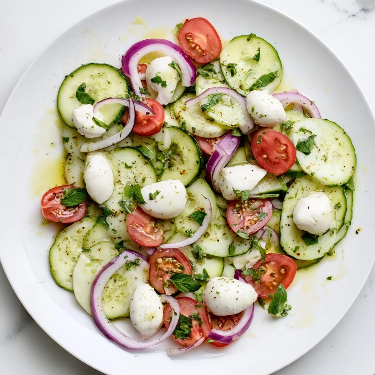 Mediterranean-style cucumber mozzarella salad plated with halved bocconcini and red onion slices garnished with torn parsley leaves.