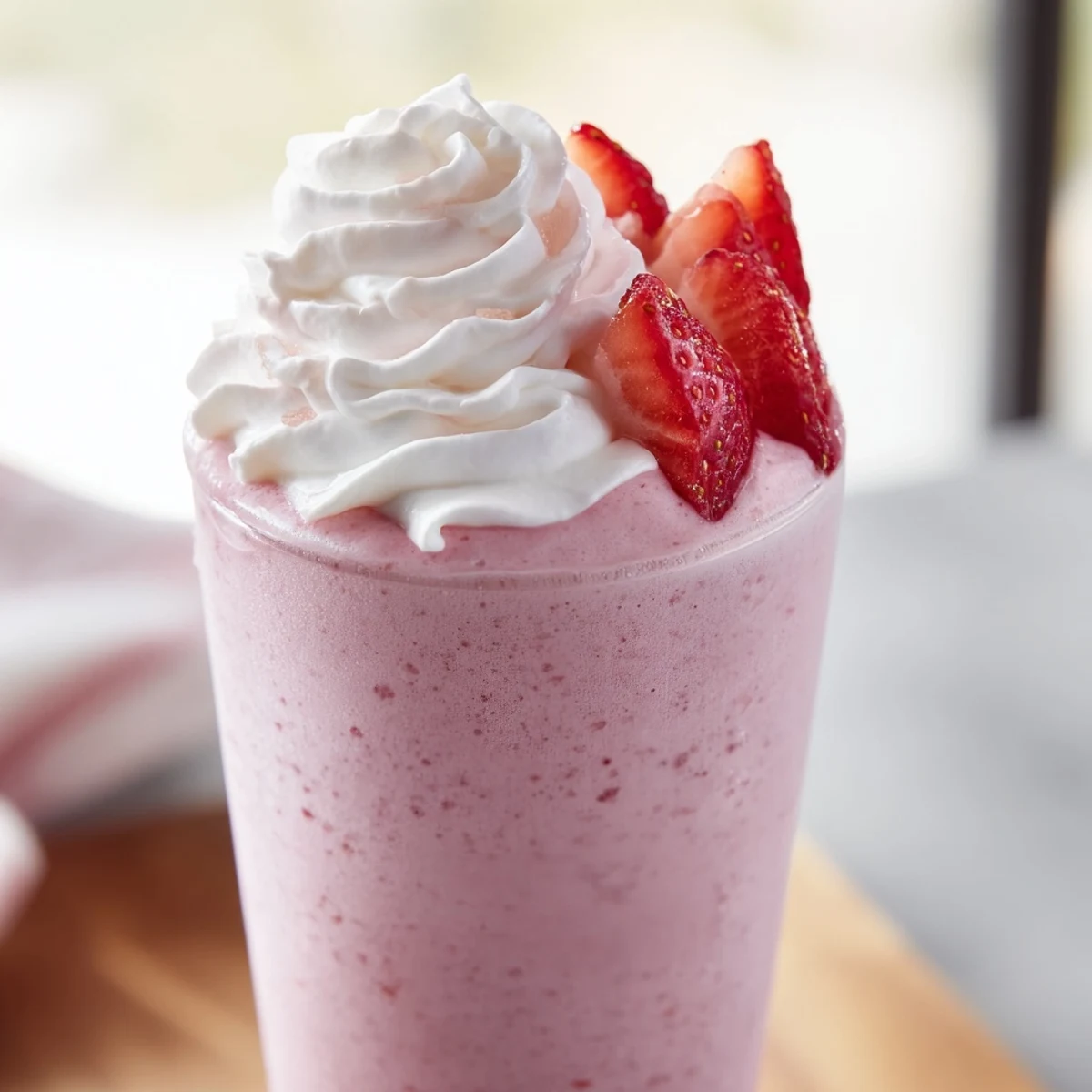 Tall glass of refreshing strawberry cream frappuccino topped with whipped cream and fresh strawberry slices