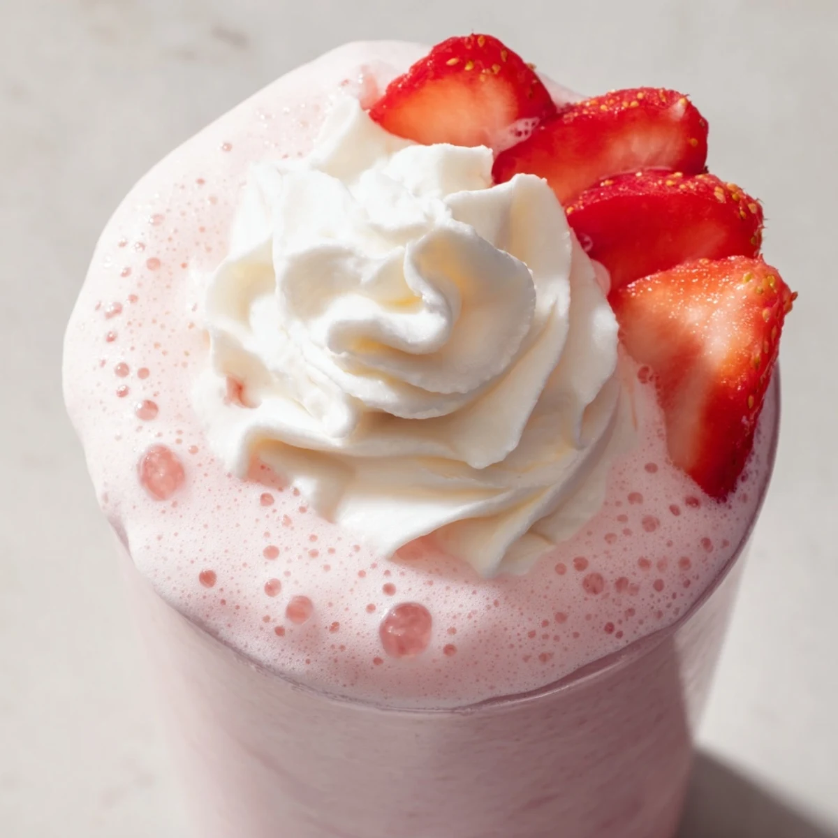 Frosty blended strawberry cream frappuccino served in a clear glass with layers of pink and white