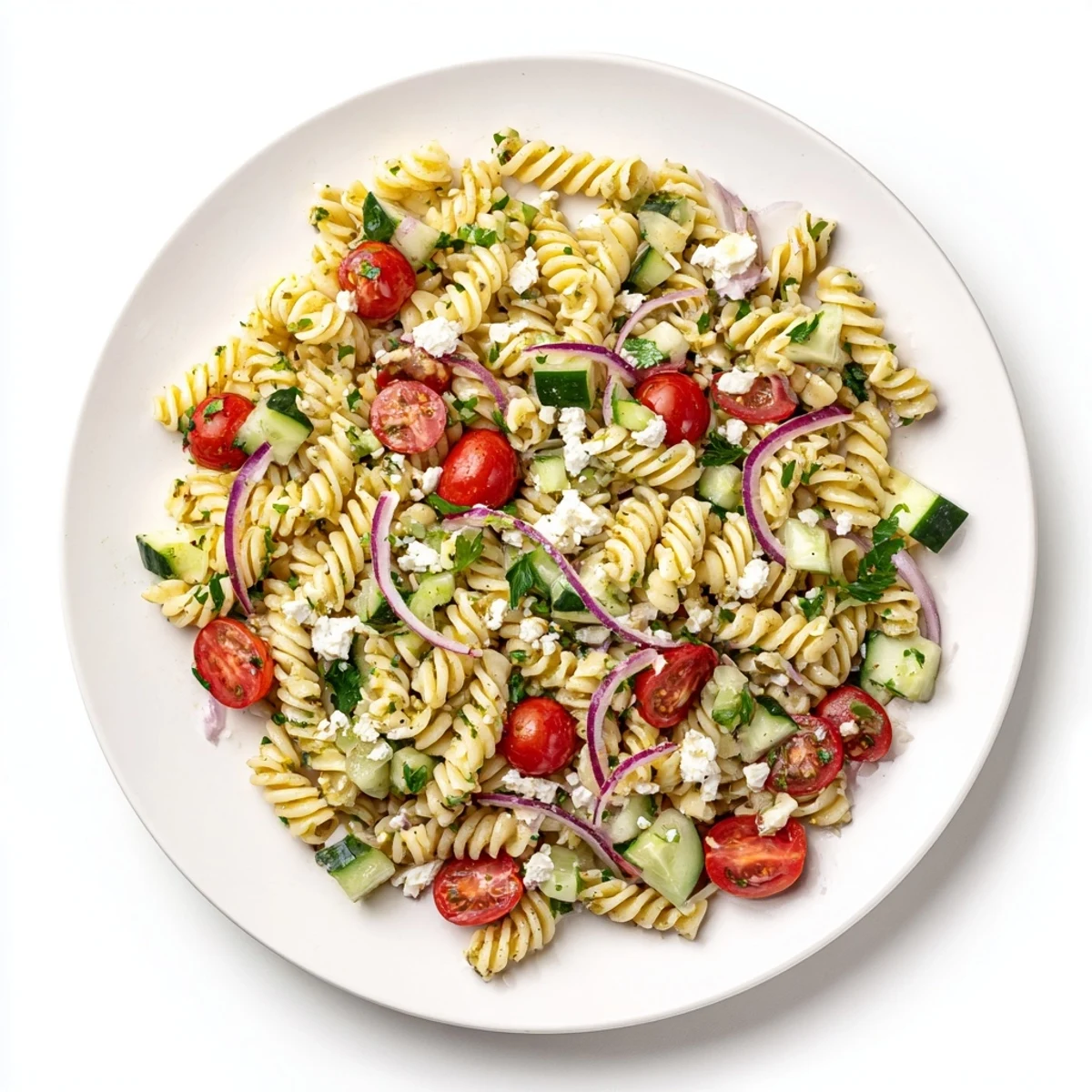 Colorful lemon pasta salad bowl with cherry tomatoes, cucumber, and fresh herbs drizzled with tangy citrus dressing