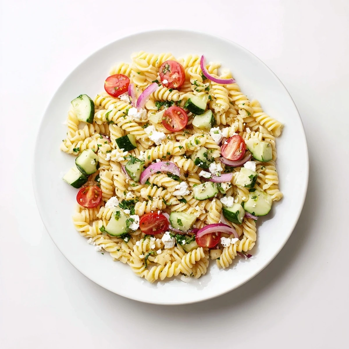 Refreshing lemon pasta salad featuring al dente fusilli mixed with crisp vegetables and crumbled feta cheese