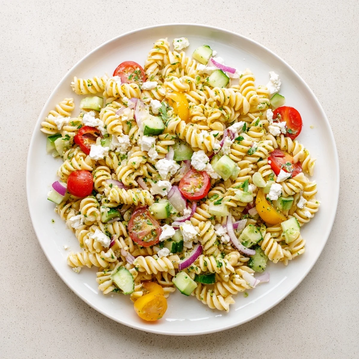 Mediterranean-style lemon pasta salad tossed in zesty olive oil dressing with vibrant cherry tomatoes and basil