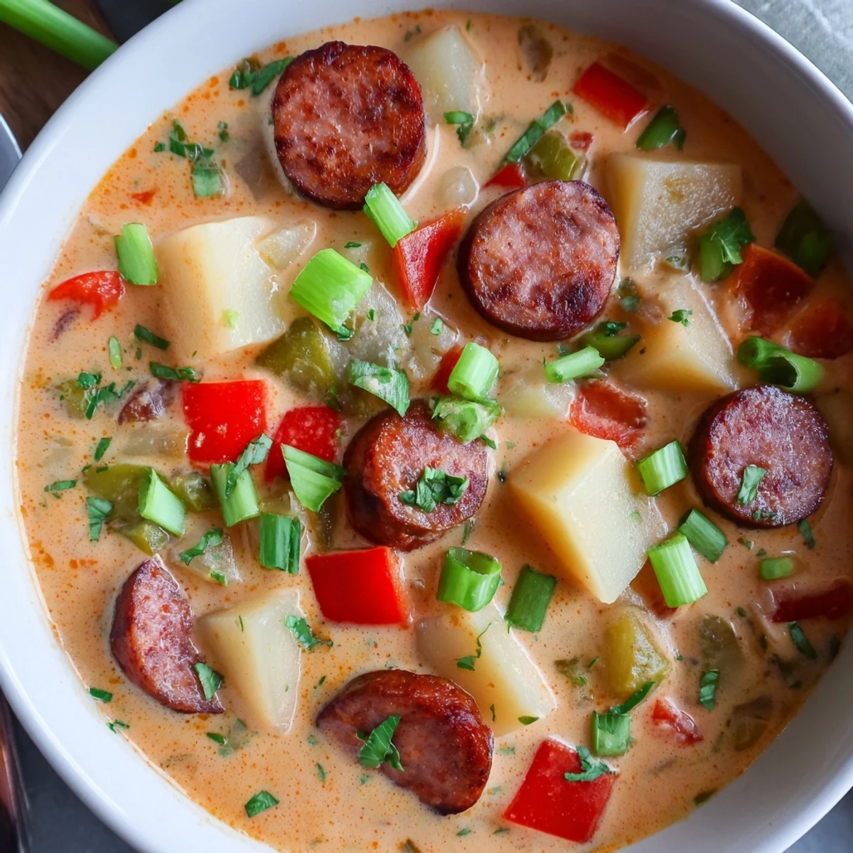 Creamy Cajun potato soup topped with sliced andouille sausage, green onions, and fresh parsley