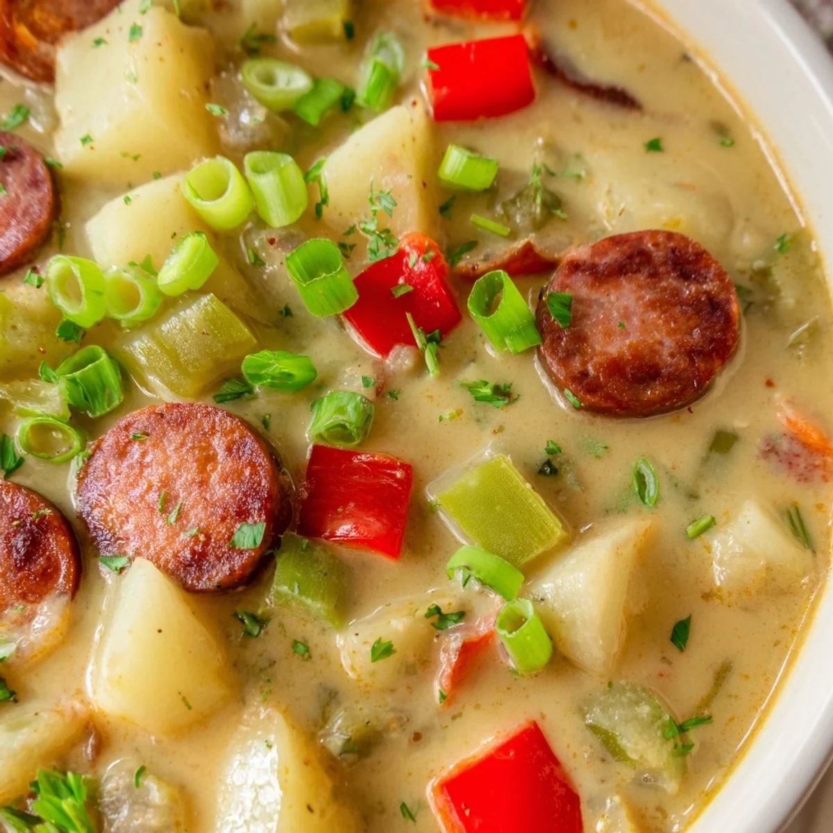 Bowl of hearty spicy potato soup with smoky sausage chunks and colorful vegetable garnish