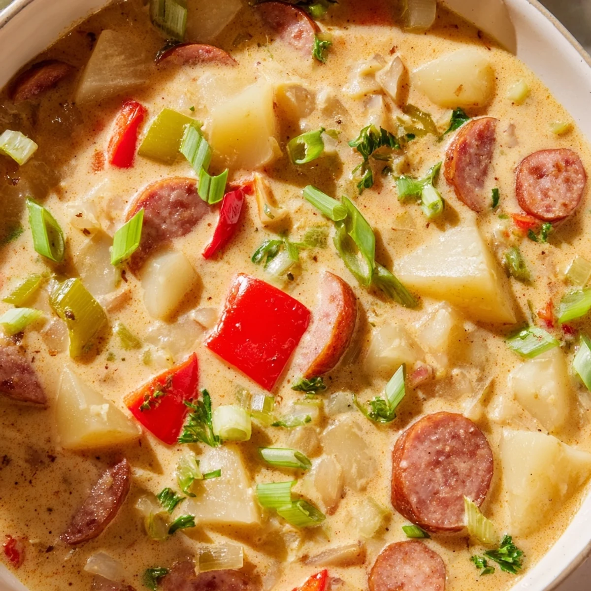 Rustic white soup bowl filled with thick Cajun potato soup and paprika-dusted sausage slices