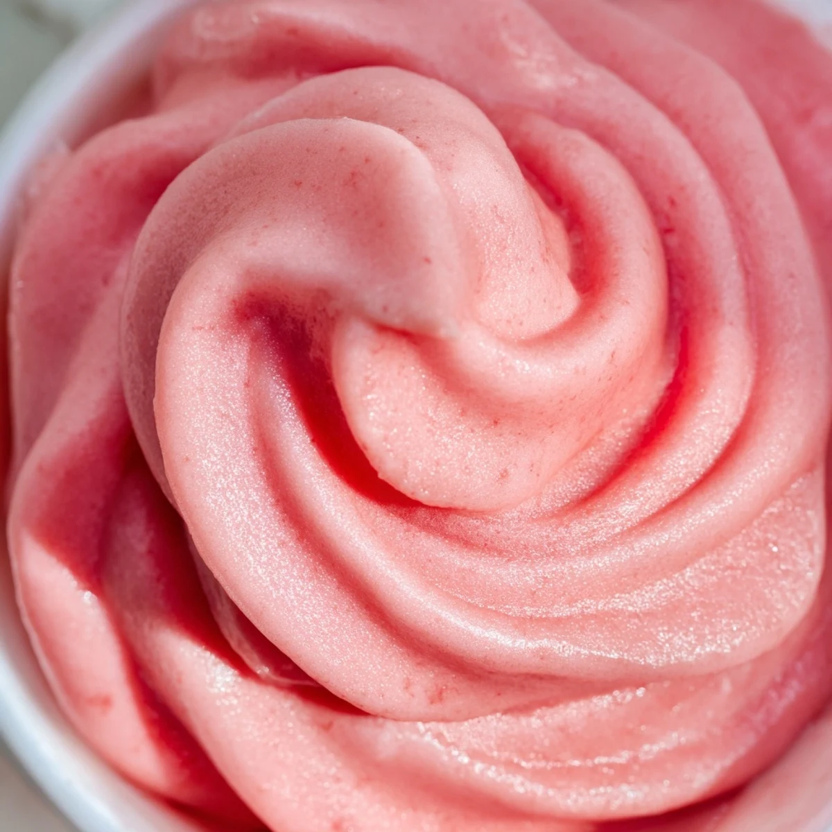 Creamy vegan frozen strawberry Dole whip swirled into a serving bowl with fresh strawberry garnish