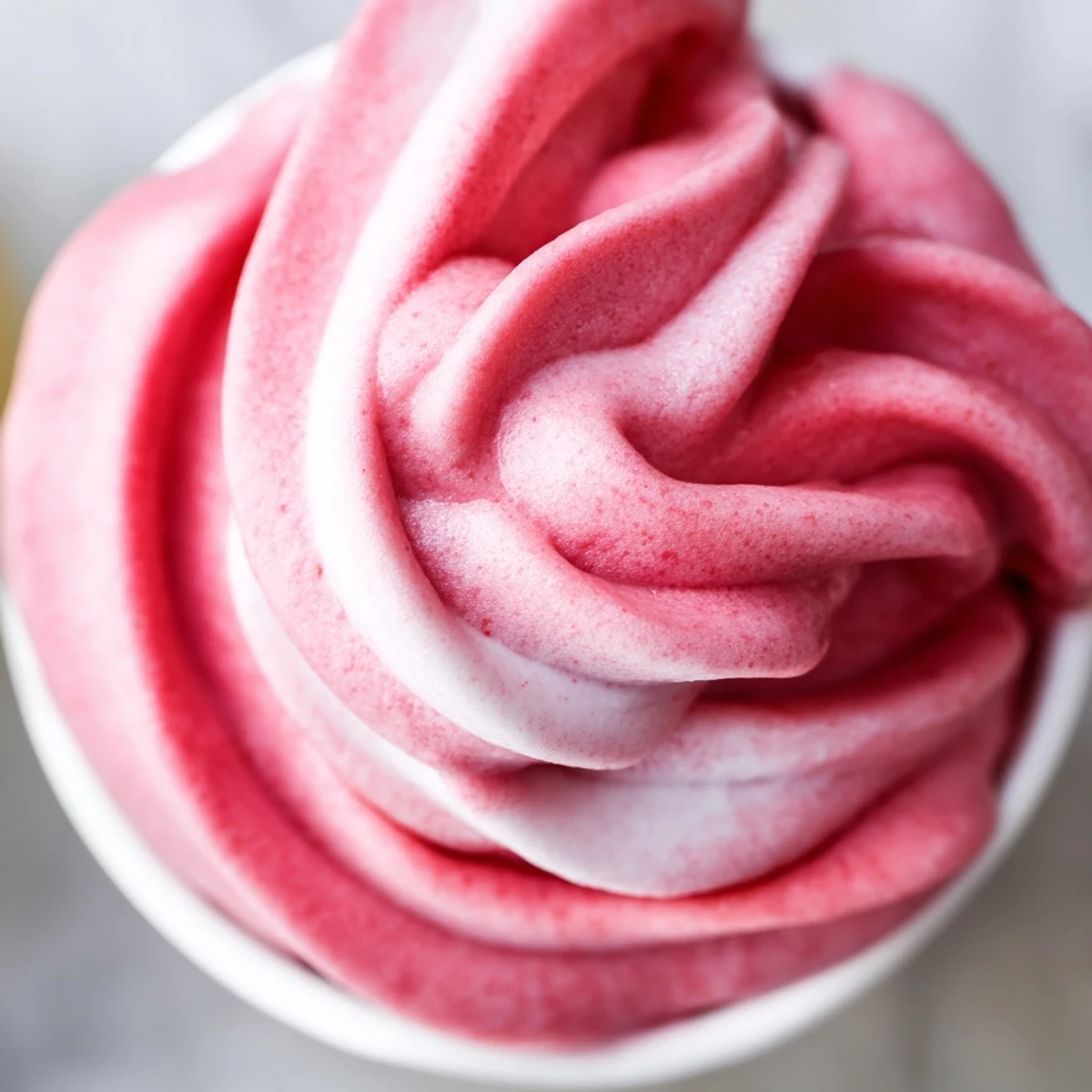 Thick and smooth frozen strawberry Dole whip scooped into glasses with vibrant red color