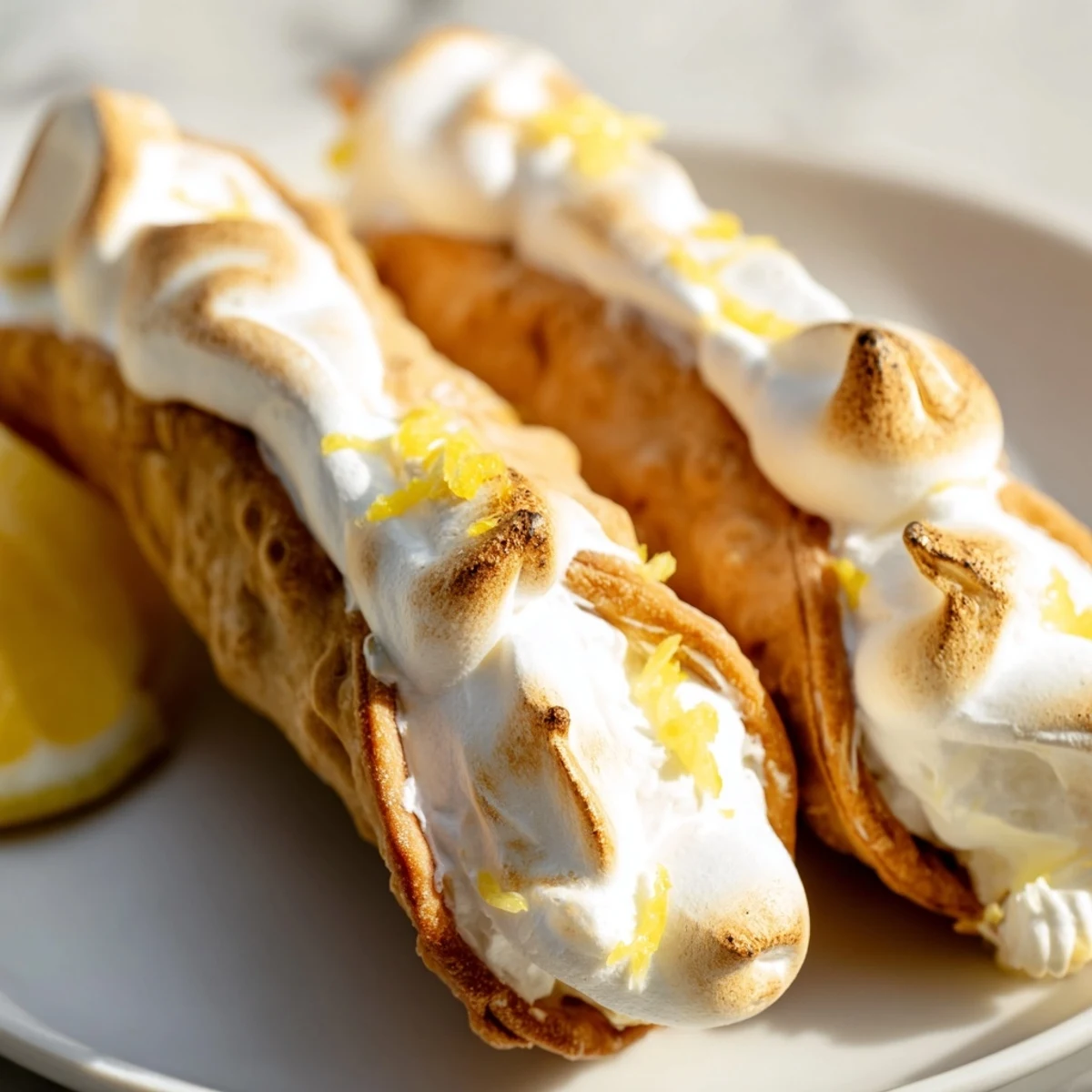 Crispy golden cannoli shells filled with tangy lemon cream and topped with toasted meringue