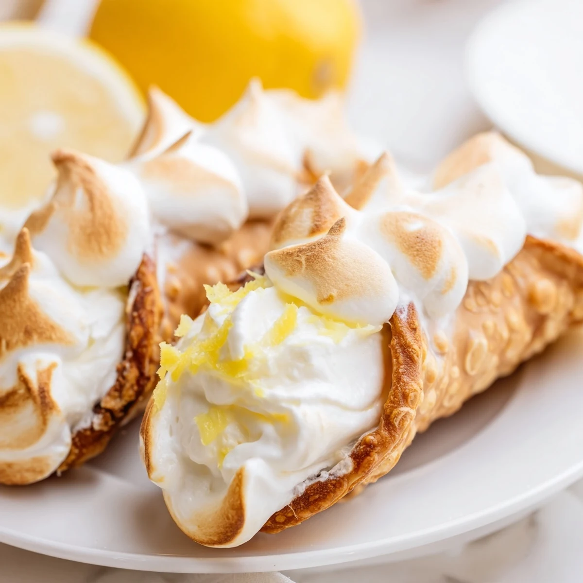 Italian dessert pastry featuring zesty lemon ricotta filling and fluffy torched meringue peaks