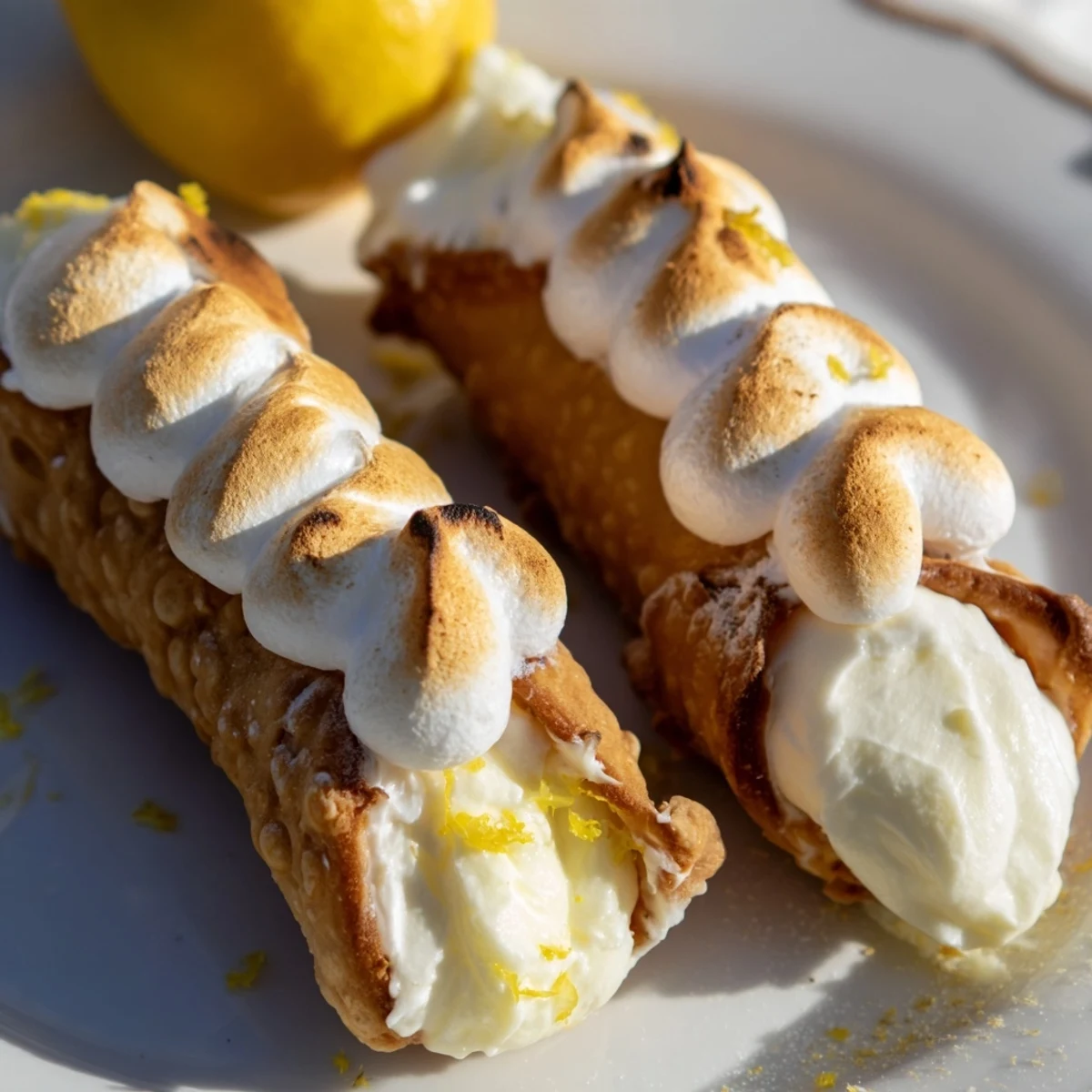 Golden brown cannoli pipes with bright lemon custard and soft browned meringue topping