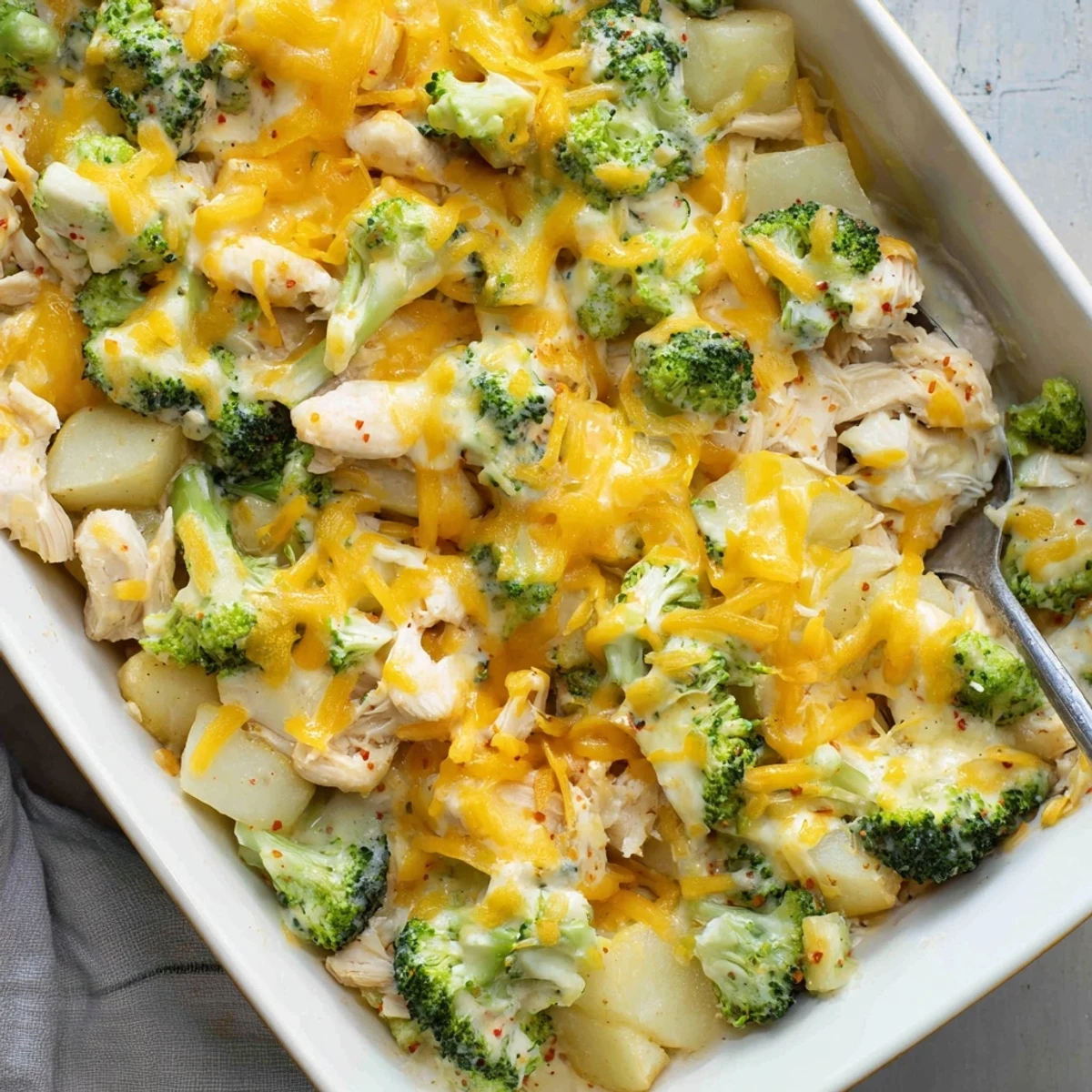 Golden baked potato chicken broccoli casserole with melted cheddar and creamy sauce bubbling