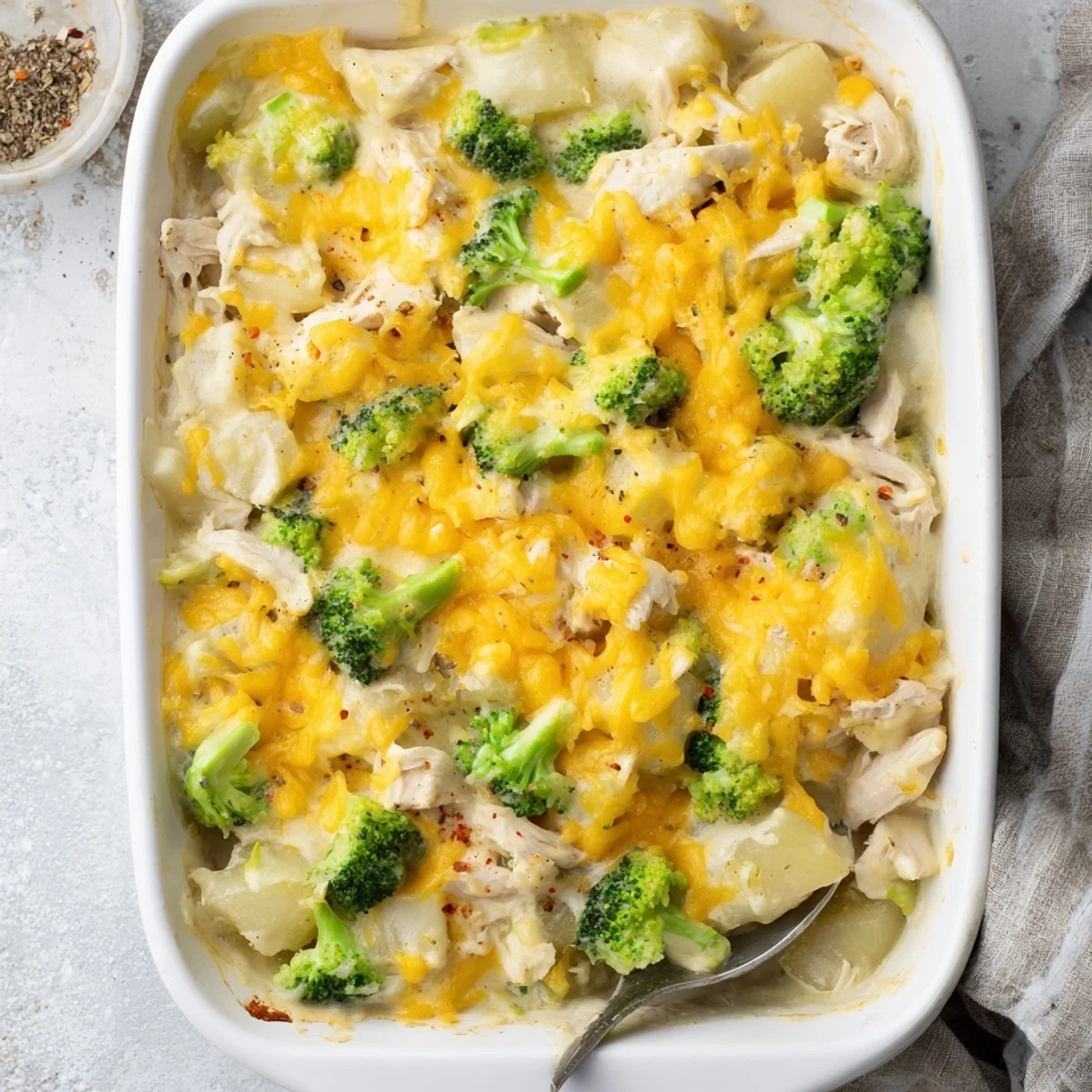 Comforting baked potato chicken broccoli casserole featuring tender chunks and fluffy potatoes in cream sauce