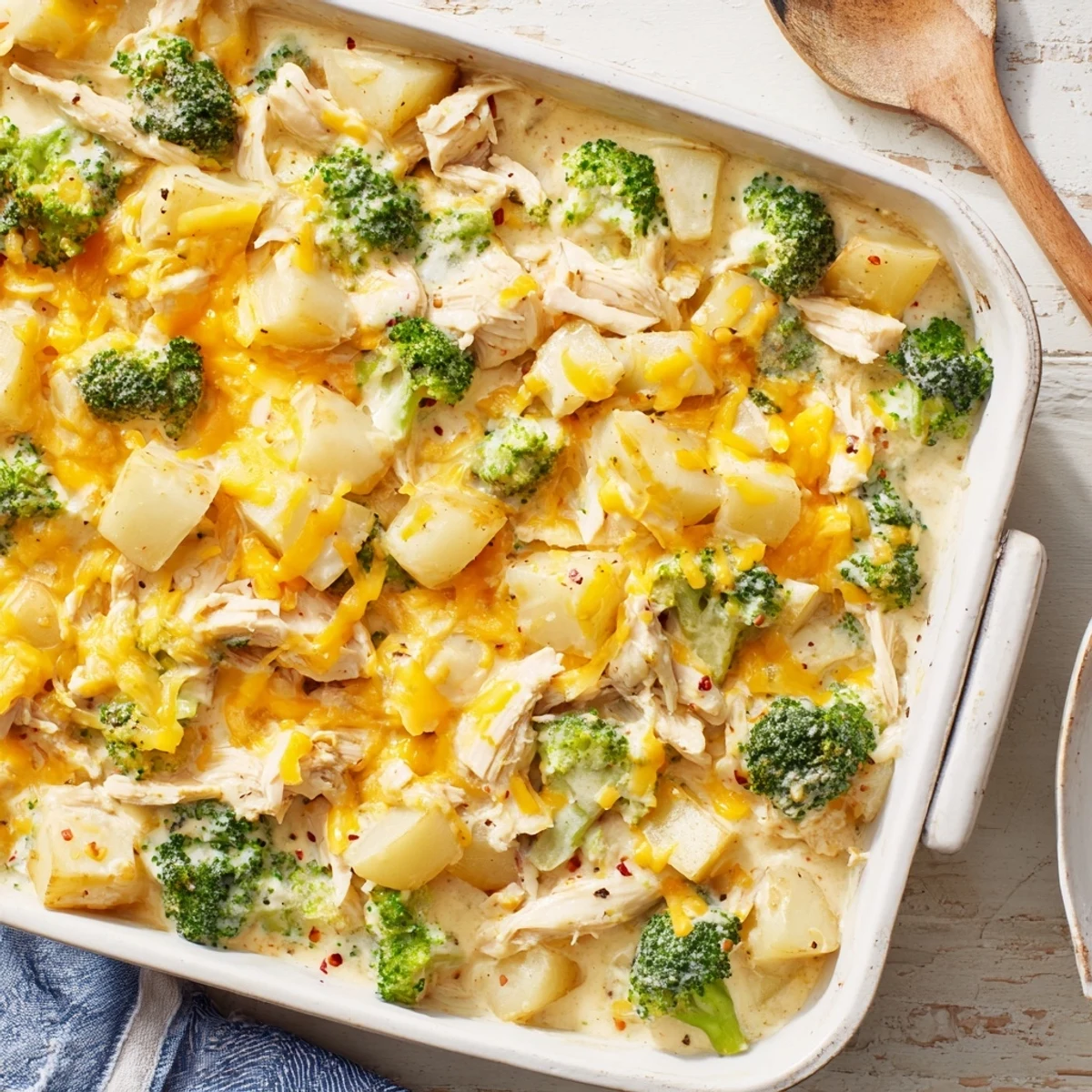 Hearty potato chicken broccoli casserole fresh from oven with golden cheesy crust topping