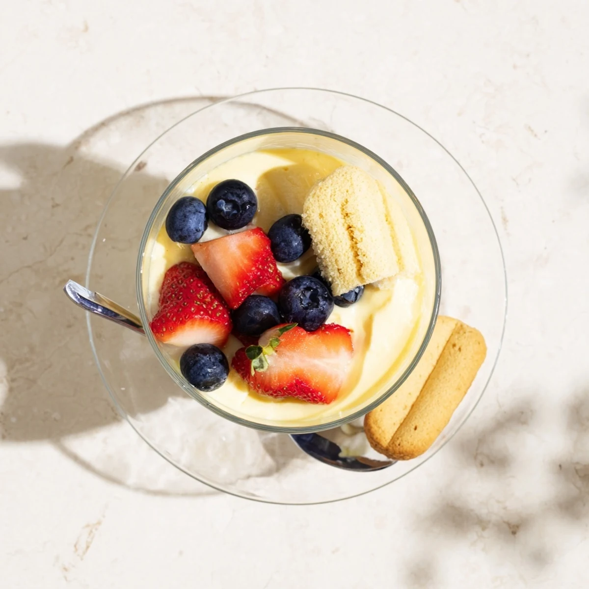 Golden zabaglione custard served warm in elegant glasses with fresh red berries