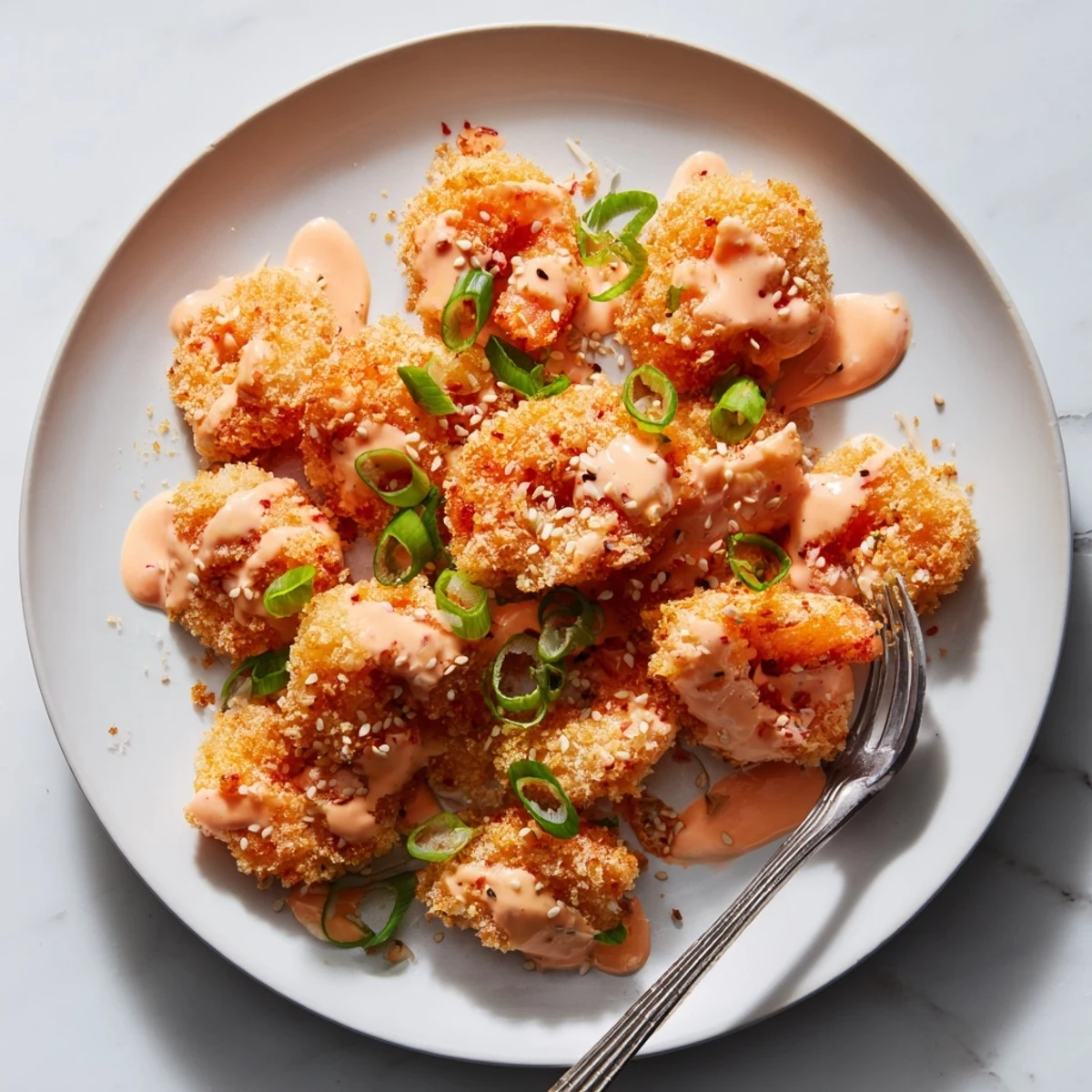 Golden crispy Bang Bang shrimp tossed in creamy spicy sauce garnished with green onions