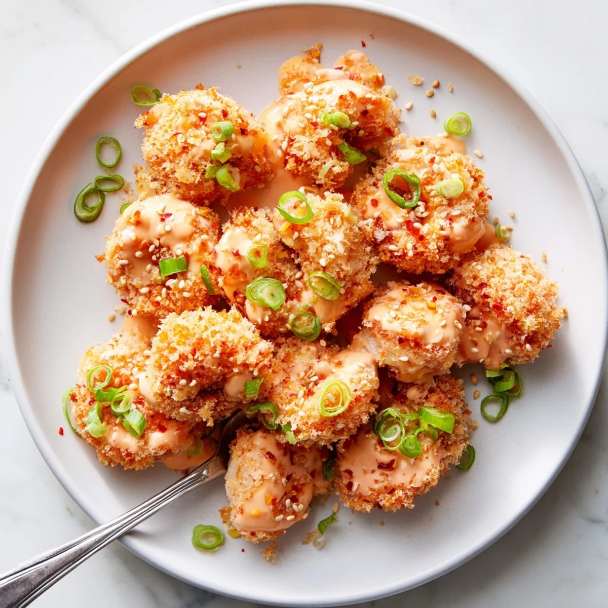 Fried Bang Bang shrimp appetizer sprinkled with sesame seeds and sliced scallions