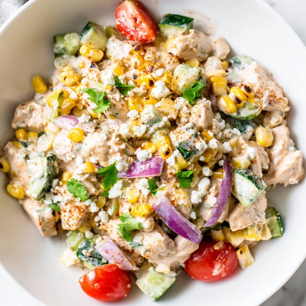Colorful street corn creamy cucumber chicken salad featuring grilled chicken chunks, charred corn kernels, fresh vegetables, and creamy cotija cheese dressing in a white bowl.
