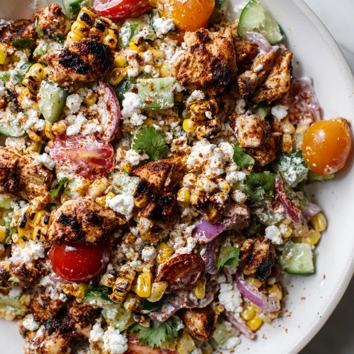 Fresh summer salad bowl with diced grilled chicken, sweet charred corn, crisp cucumber, and cherry tomatoes tossed in tangy lime-spiked cream dressing.