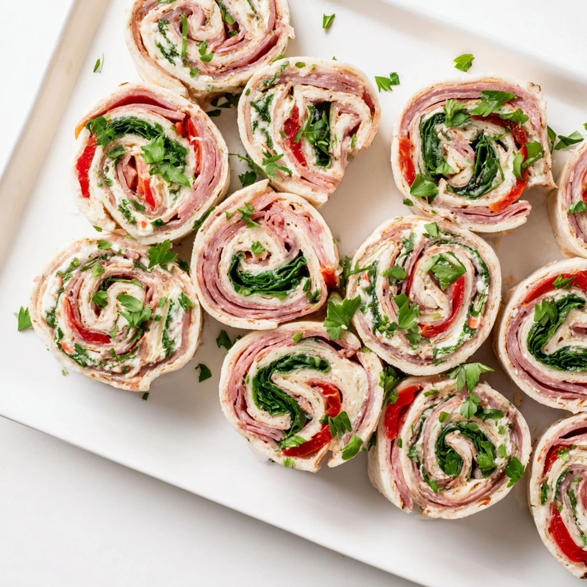 Colorful Italian pinwheels sliced to reveal layers of salami, ham, pepperoni, cheese, and roasted red peppers