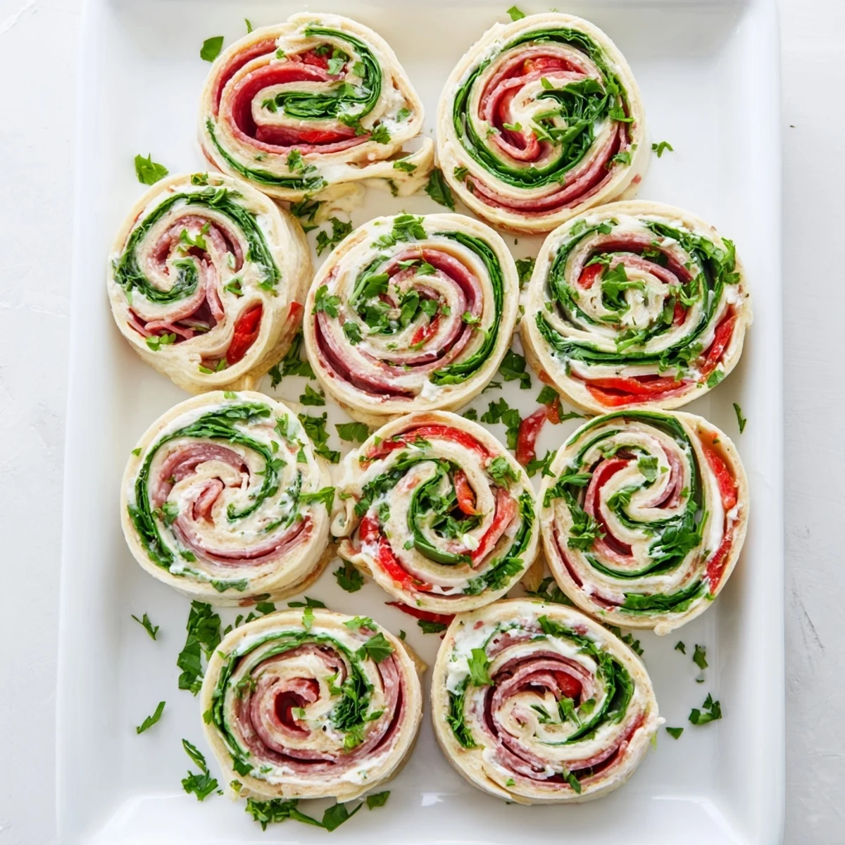Spiral Italian pinwheels arranged on a serving platter with fresh basil garnish for easy party appetizers