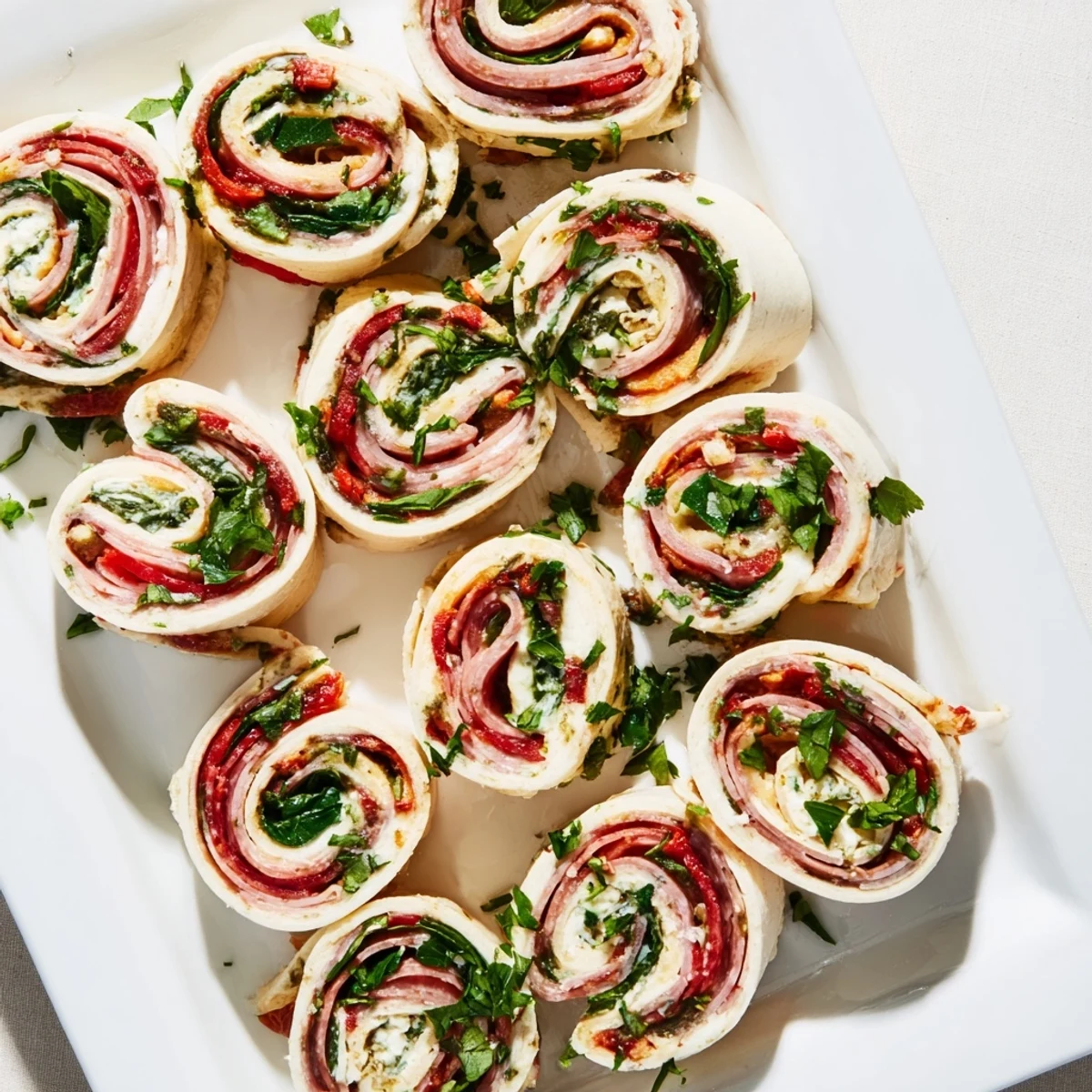 Rolled flour tortillas filled with Italian meats, provolone, and vegetables, cut into bite-sized pinwheel appetizers