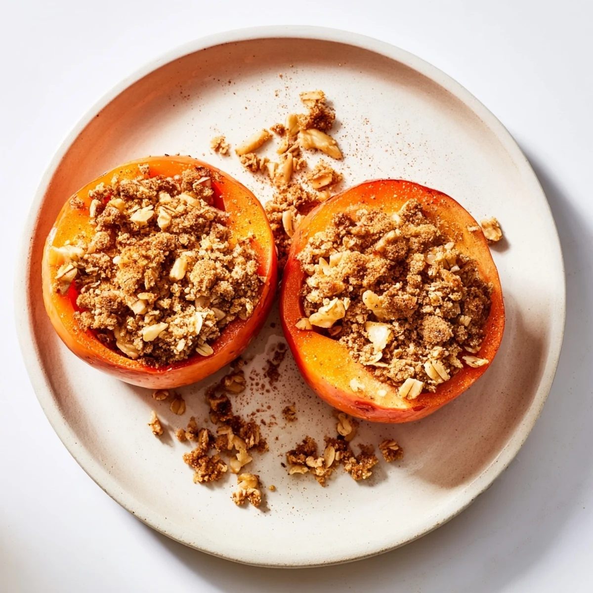 Tender roasted persimmons with warm cinnamon oat crumble on a white baking dish