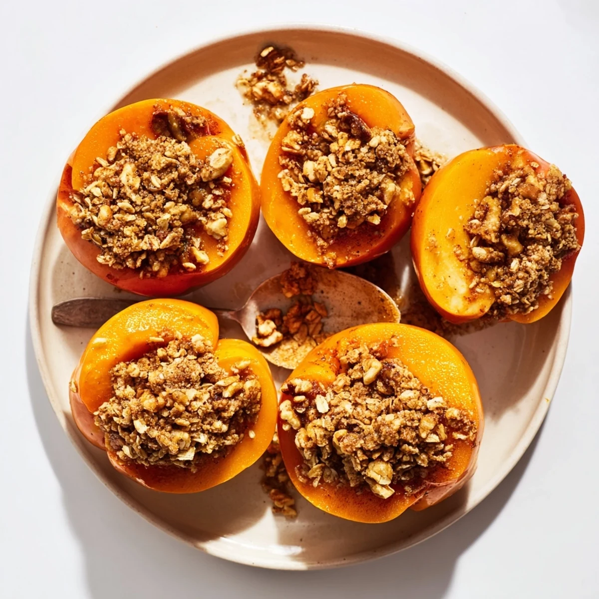 Rustic baked persimmon dessert with buttery oat topping ready for autumn serving