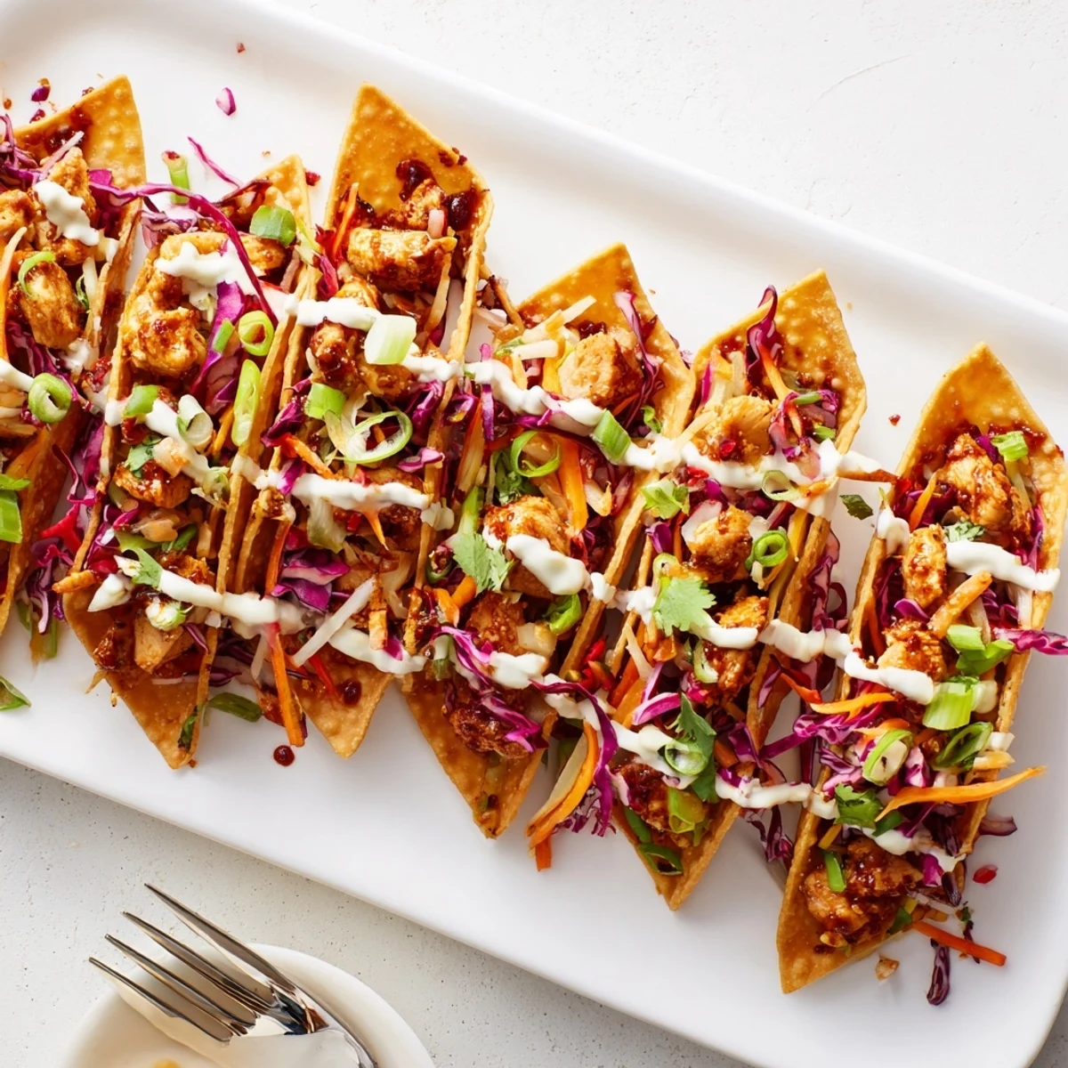 Savory chicken stuffed in crispy wonton shells with fresh vegetable slaw and spicy sauce