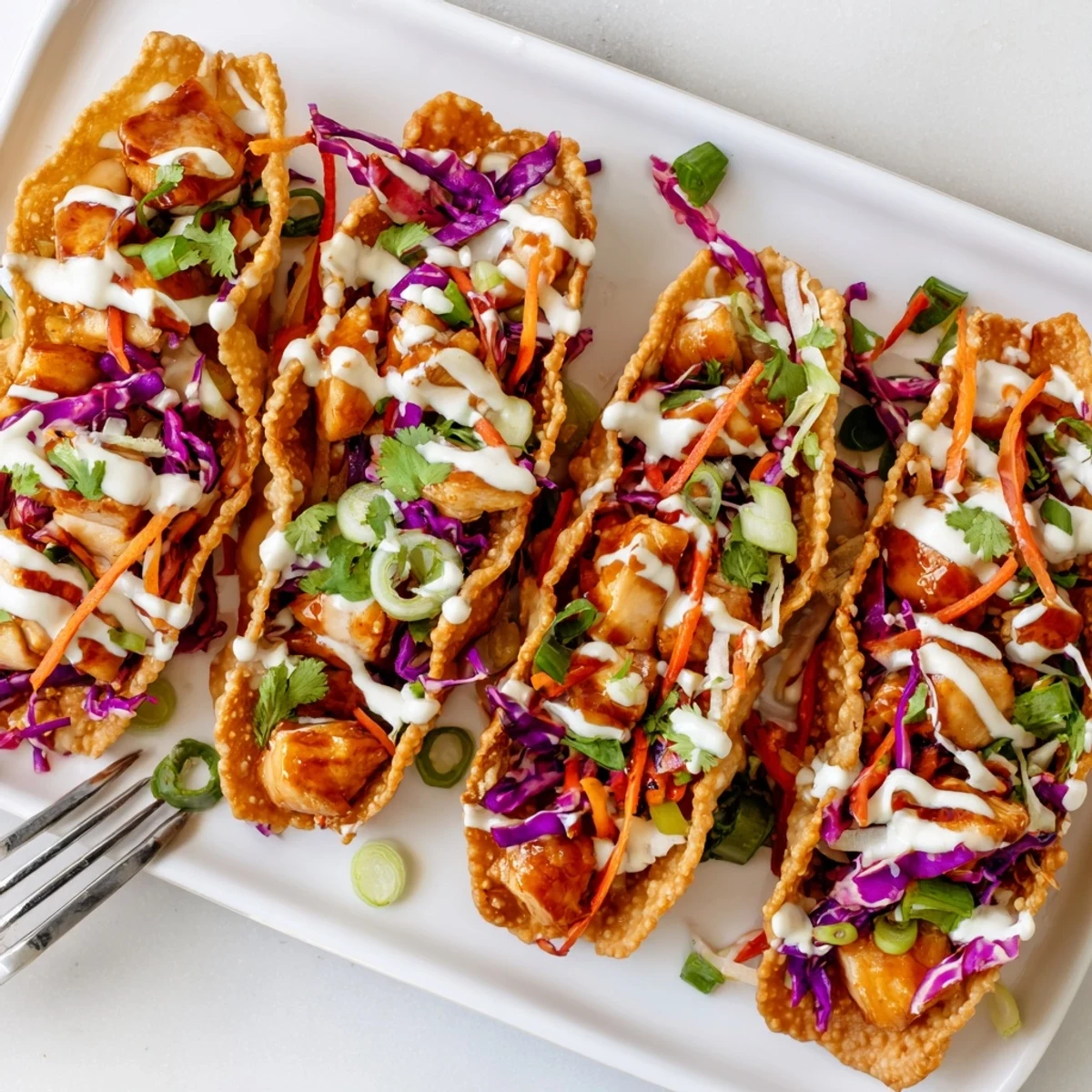 Golden crispy chicken wonton tacos topped with colorful cabbage slaw and zesty drizzle