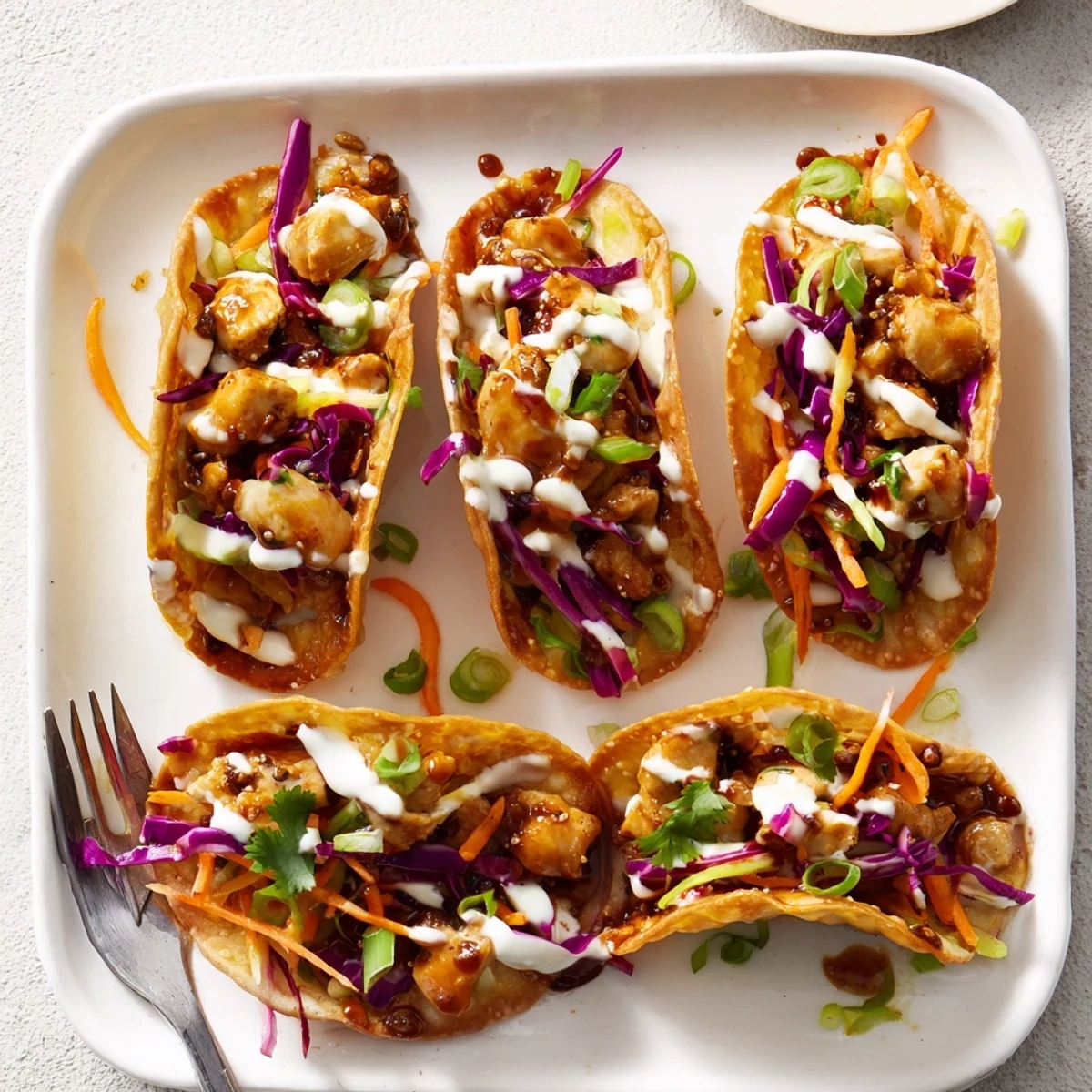 Asian fusion tacos featuring golden fried wontons filled with seasoned chicken and crisp slaw