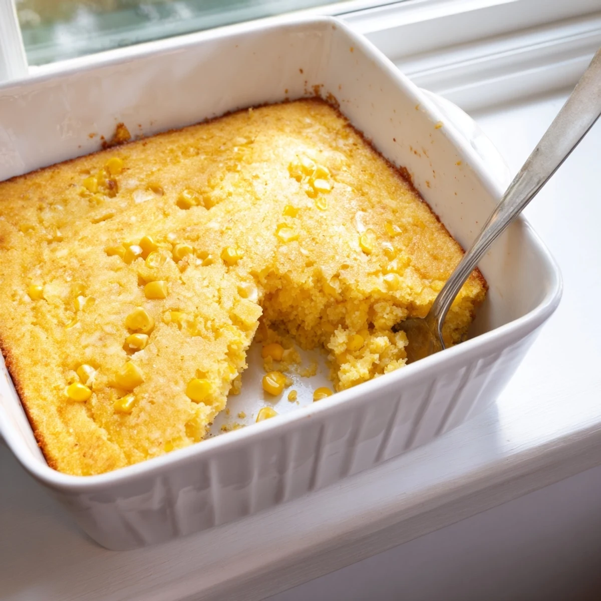 Creamy Southern-style classic Jiffy corn casserole topped with golden cornbread crust, served warm for holiday gatherings