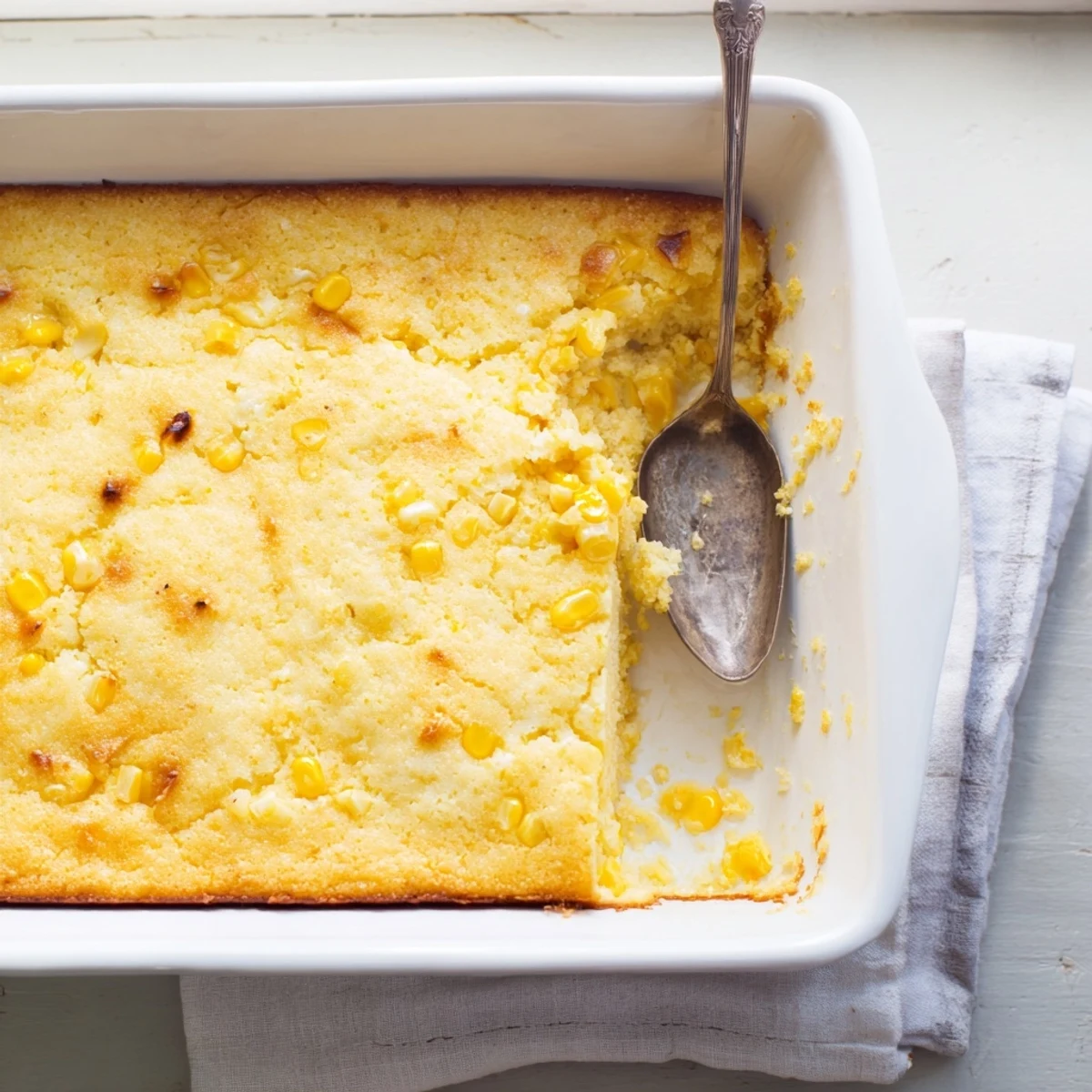 Baked classic Jiffy corn casserole displaying sweet corn kernels throughout a rich, moist cornbread base ready for serving