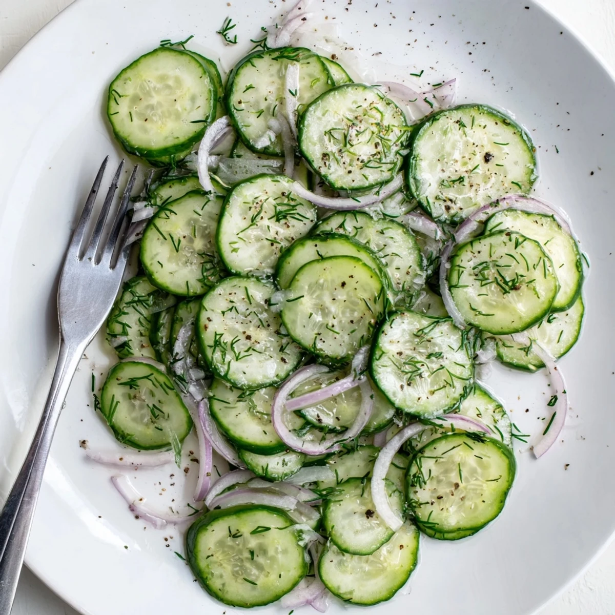 Easy cucumber salad with crisp vegetables, red onion slices, and bright rice vinegar dressing on white dish