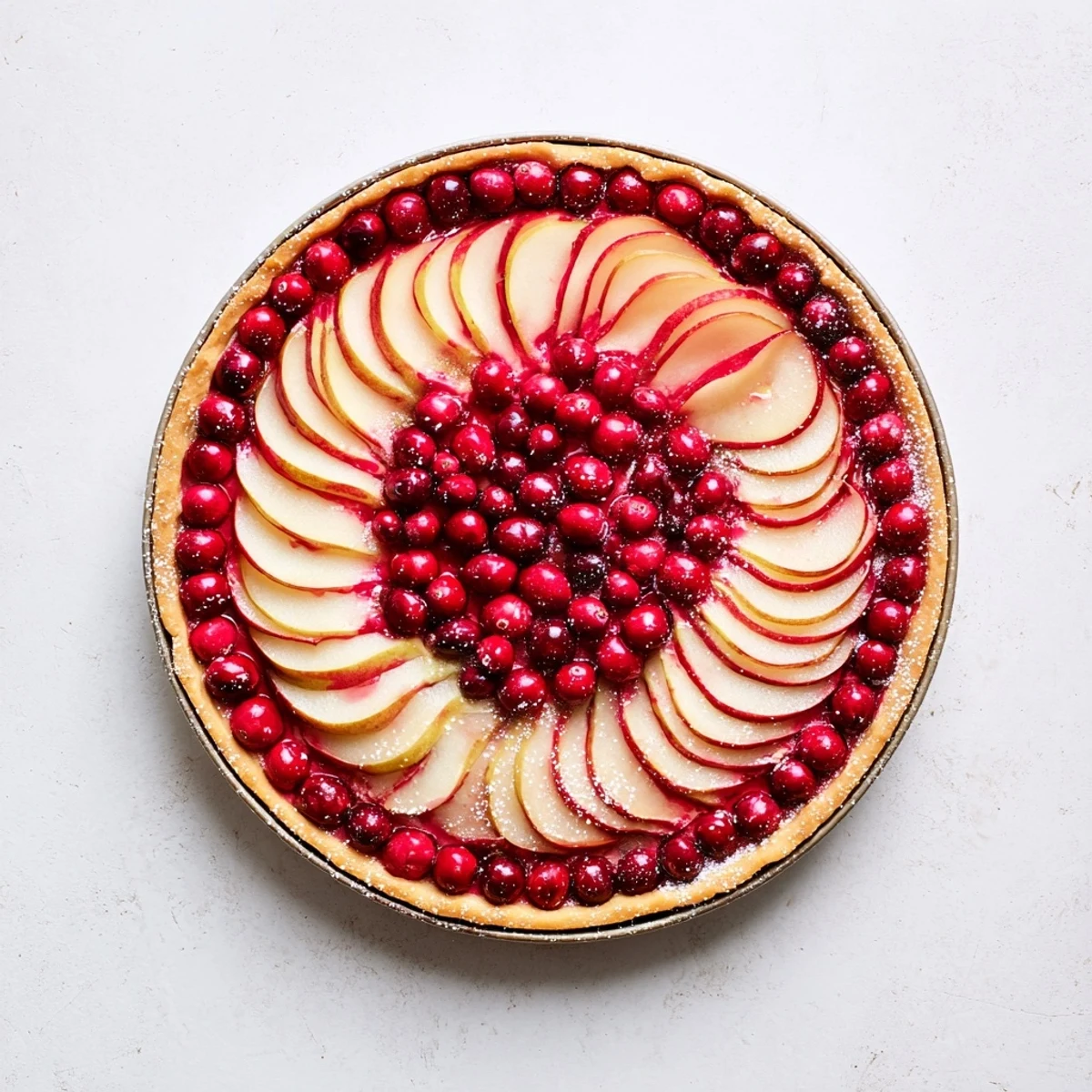 Golden cranberry tart with pears arranged in a buttery crust, dusted with powdered sugar