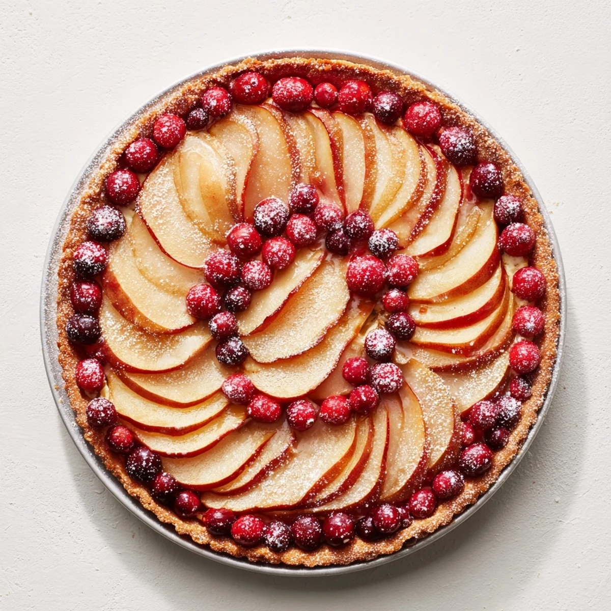Fresh pear slices and tart cranberries baked in a golden pastry crust for autumn dessert